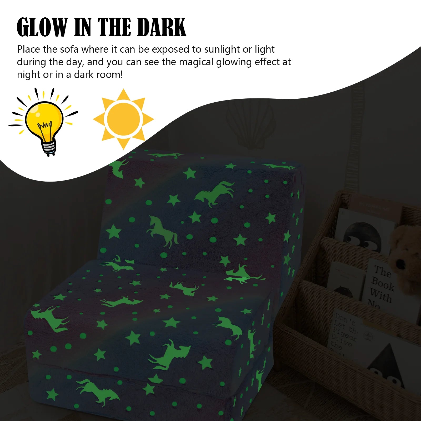 Glowsofa's Glowing Rainbow Children's Fold Out Sofa in Glow in the Dark