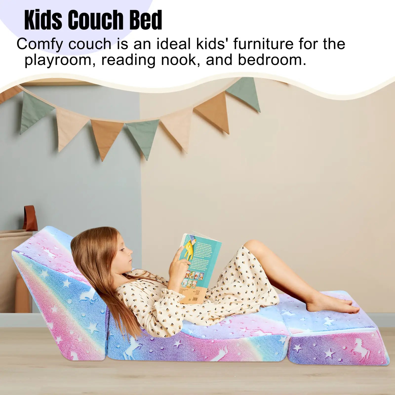 Glowsofa's Glowing Rainbow Children's Fold Out Sofa can be used in a variety of situations: play room, reading a book, and bedroom.