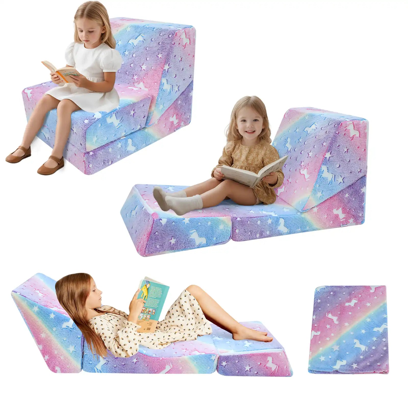 Glowsofa's Glowing Rainbow Children's Fold Out Sofa converts to a floor lounger!