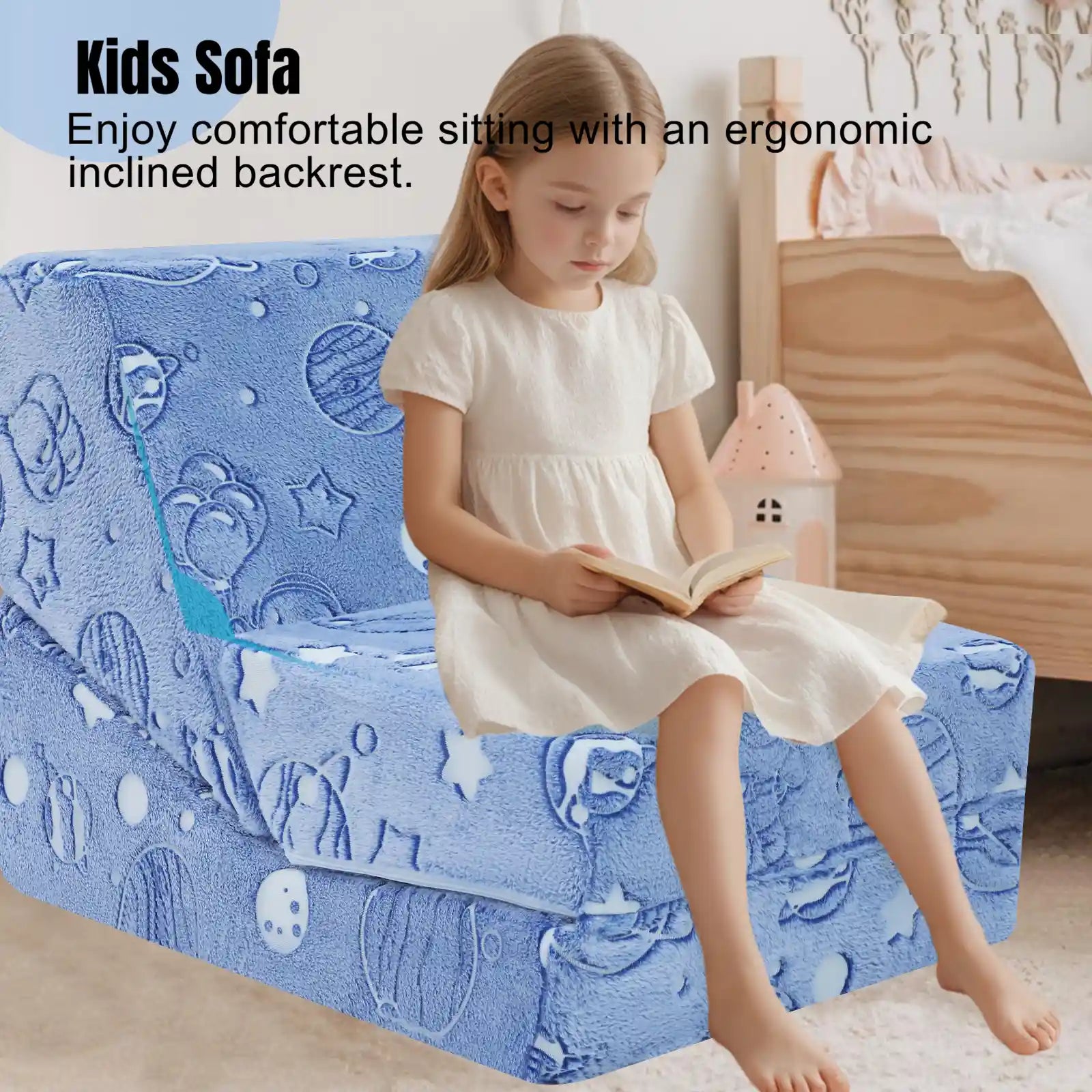 Girl sitting on ergonomically designed Glowsofa's Glowing Space Children's Fold Out Sofa