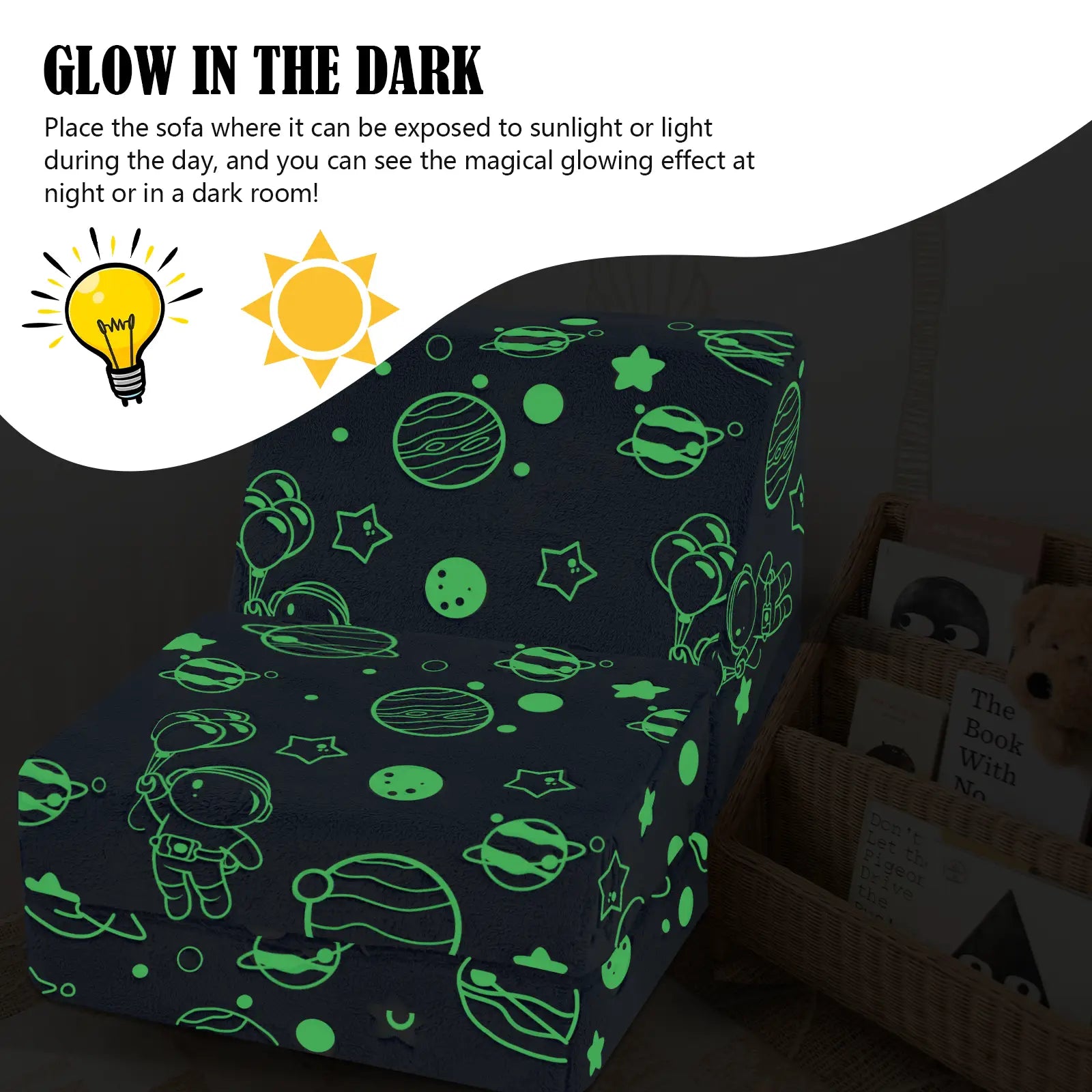 Glowsofa's Glowing Space Children's Fold Out Sofa in Glow in the Dark