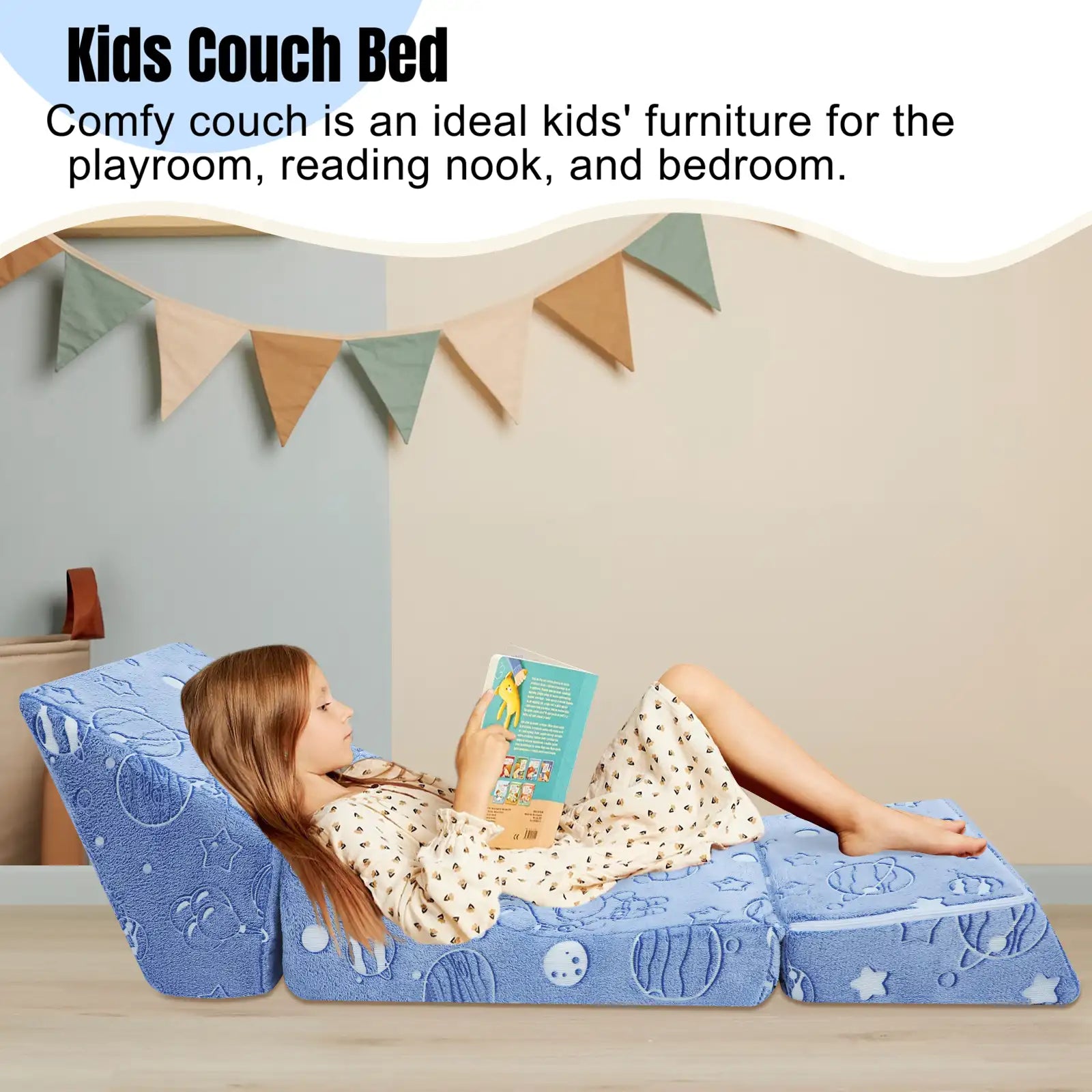 Glowsofa's Glowing Space Children's Fold Out Sofa can be used in a variety of situations: play room, reading a book, and bedroom.