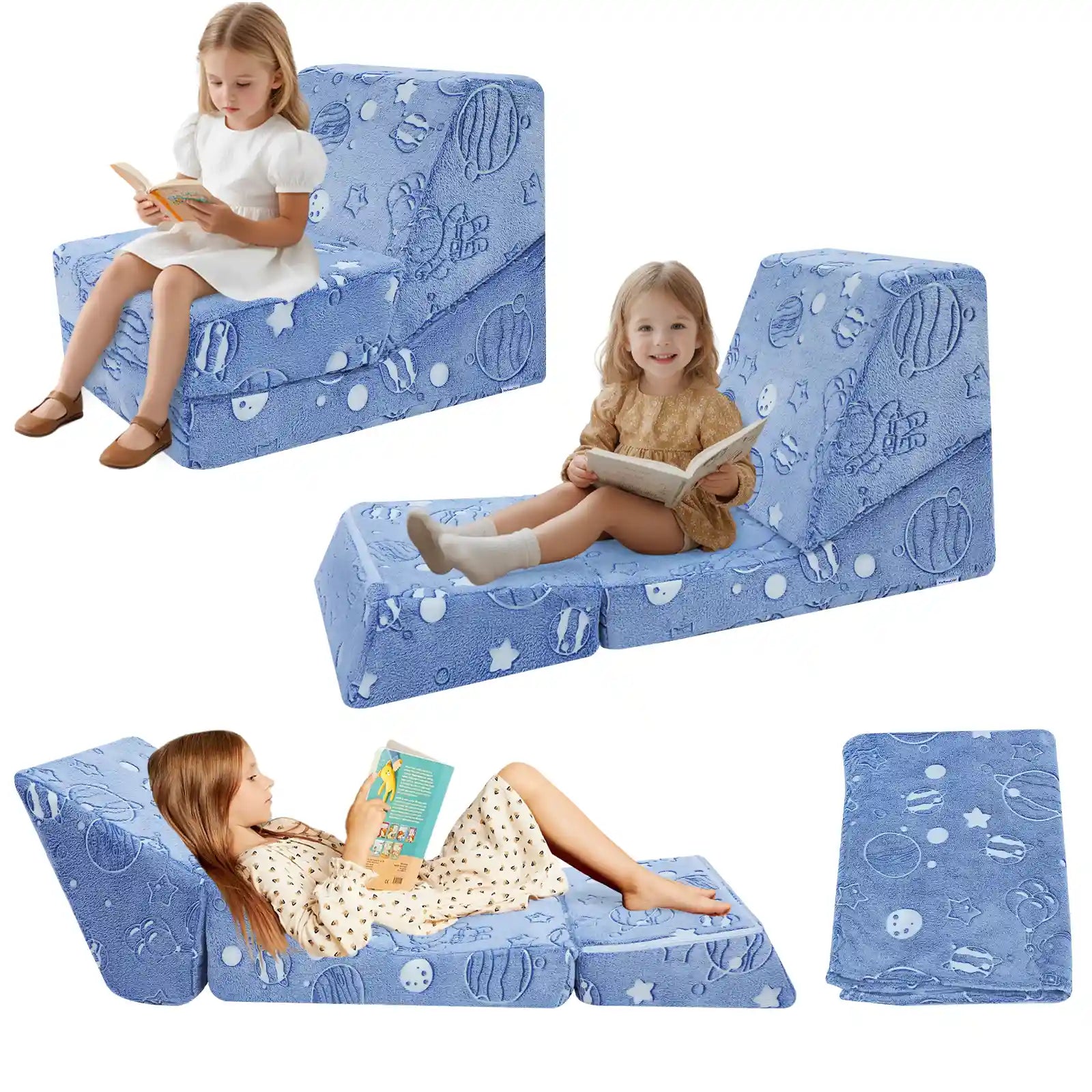 Glowsofa's Glowing Space Children's Fold Out Sofa converts to a floor lounger!