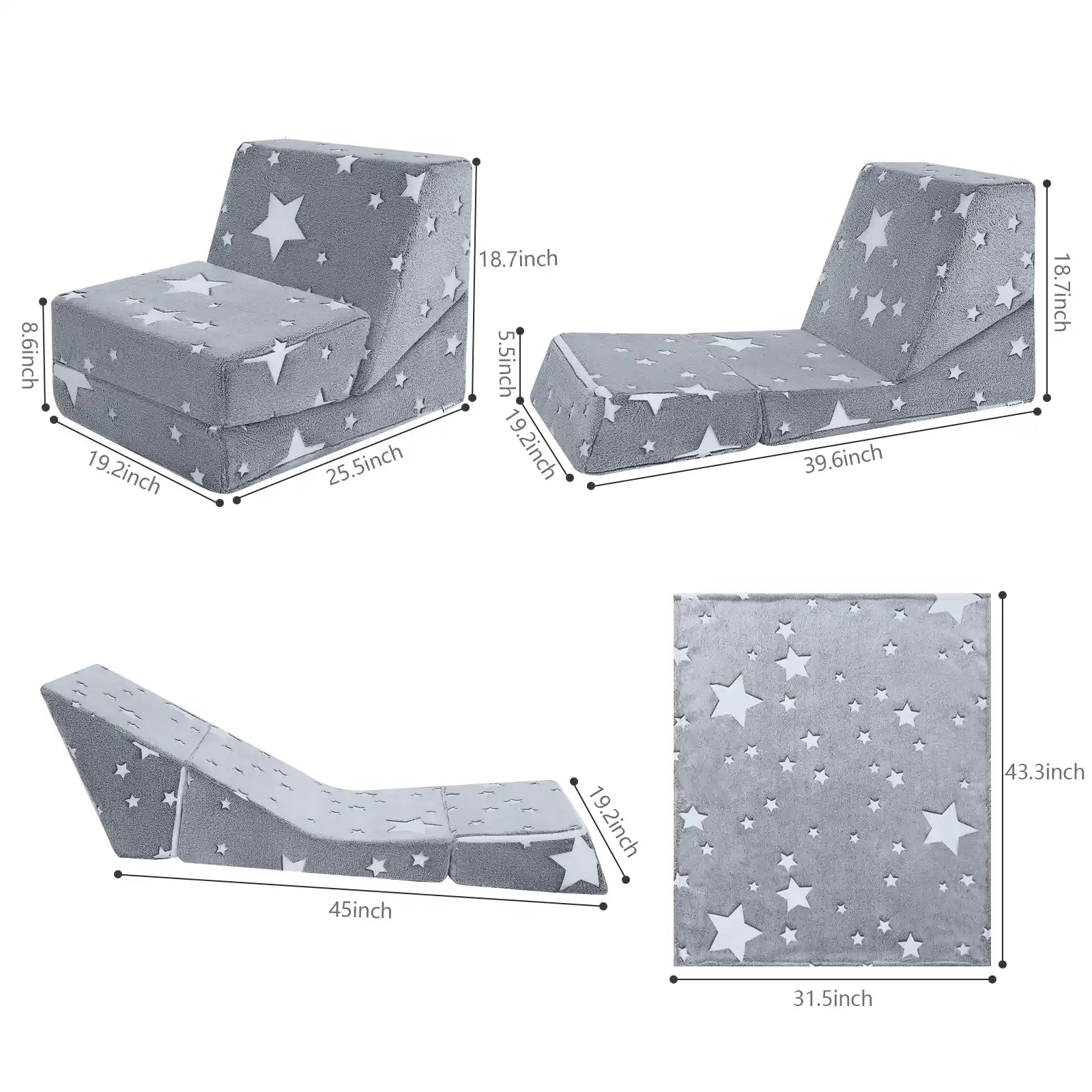 Glowsofa's Glowing Star Children's Fold Out Sofa Measures 24 βD x 19.3 βW x 18.7 βH