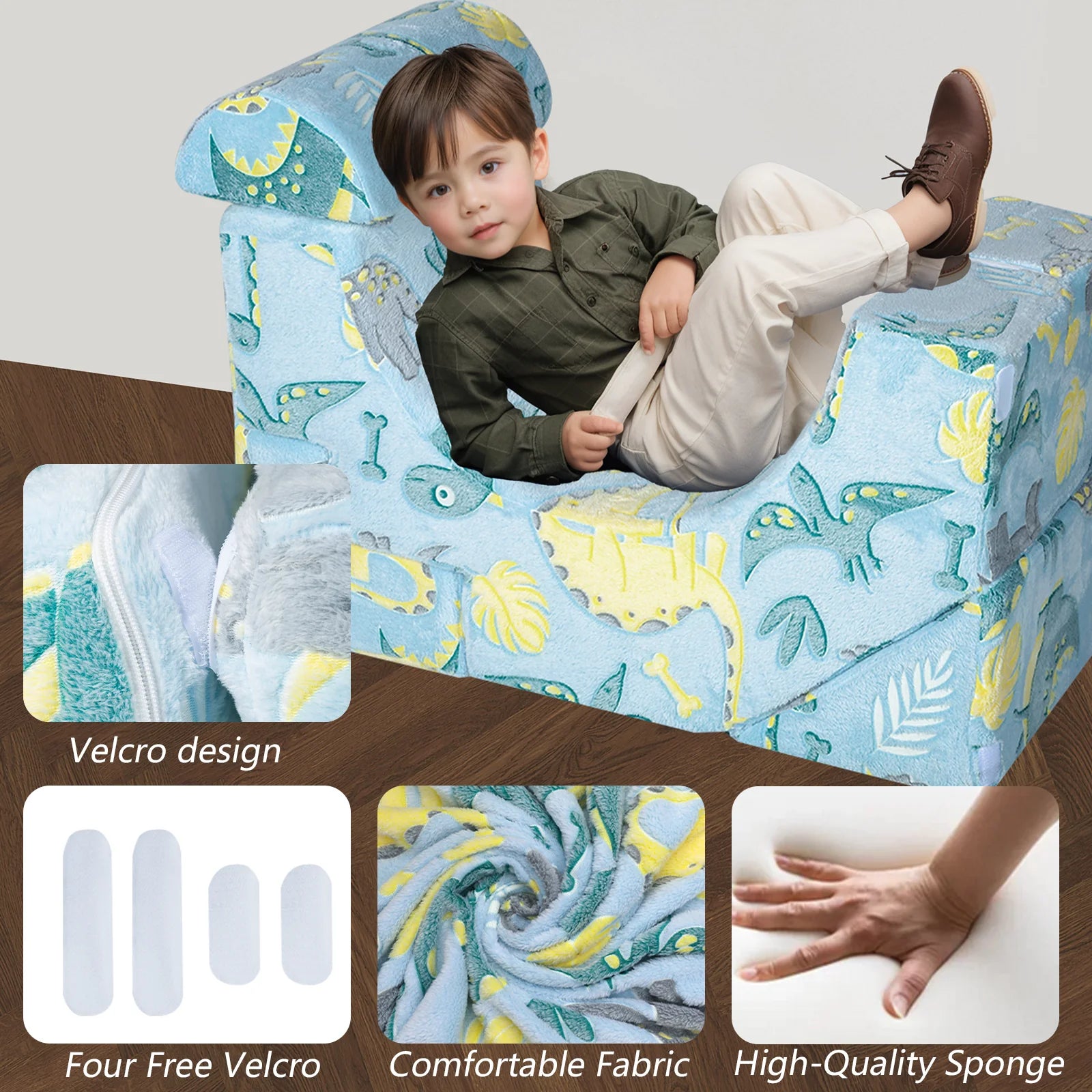 Child lying on the floor lounger made up of Glowsofa's Blue Dinosaur Climbing Kids Play Couch