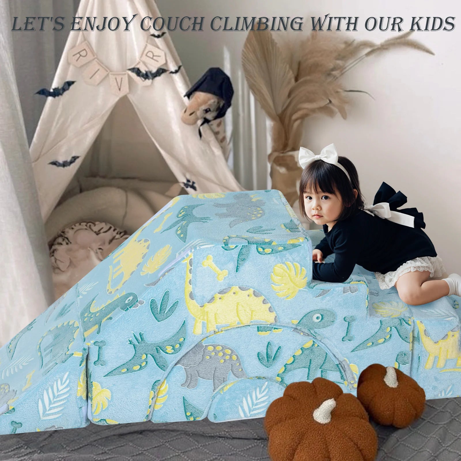 Girl playing on a slide built by Glowsofa's Blue Dinosaur Climbing Kids Play Couch