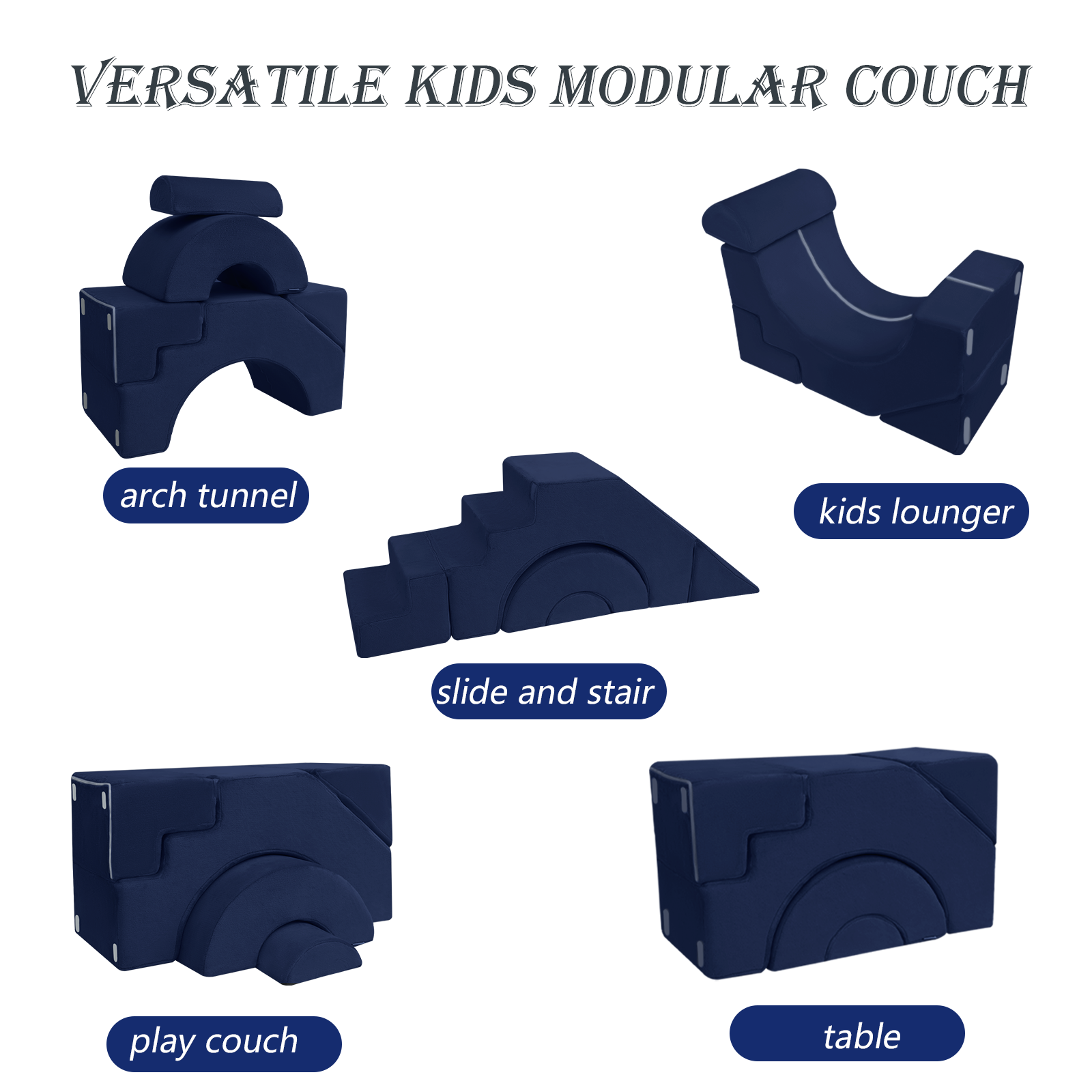 Glowsofa's Solid Navy Climbing Kids Play Couch can build these shapes including slide and stair, arch tunnel, U-shaped kids chair, play couch, kids lounger, table