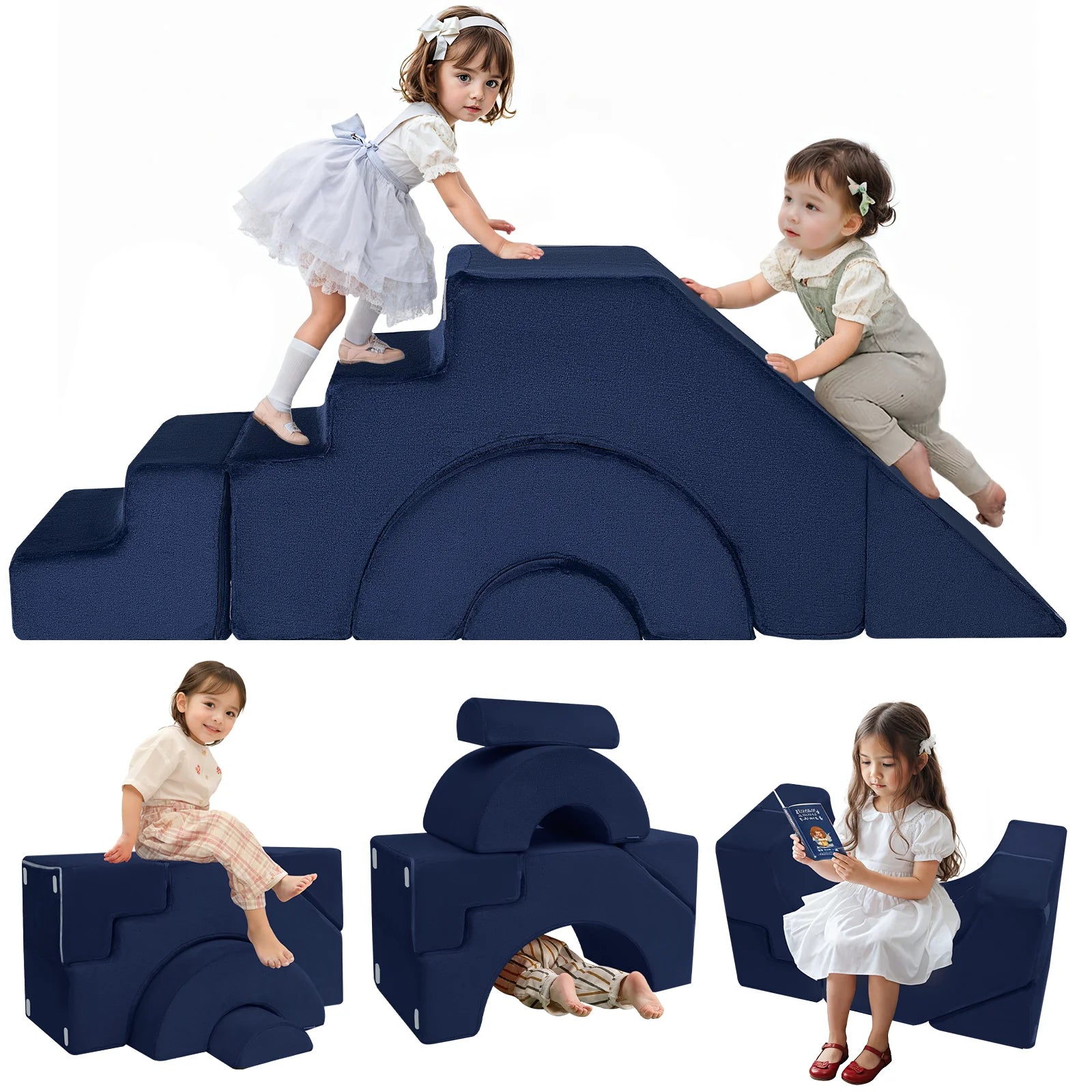 Kids climb and slide on the Glowsofa's Solid Navy Climbing Kids Play Couch