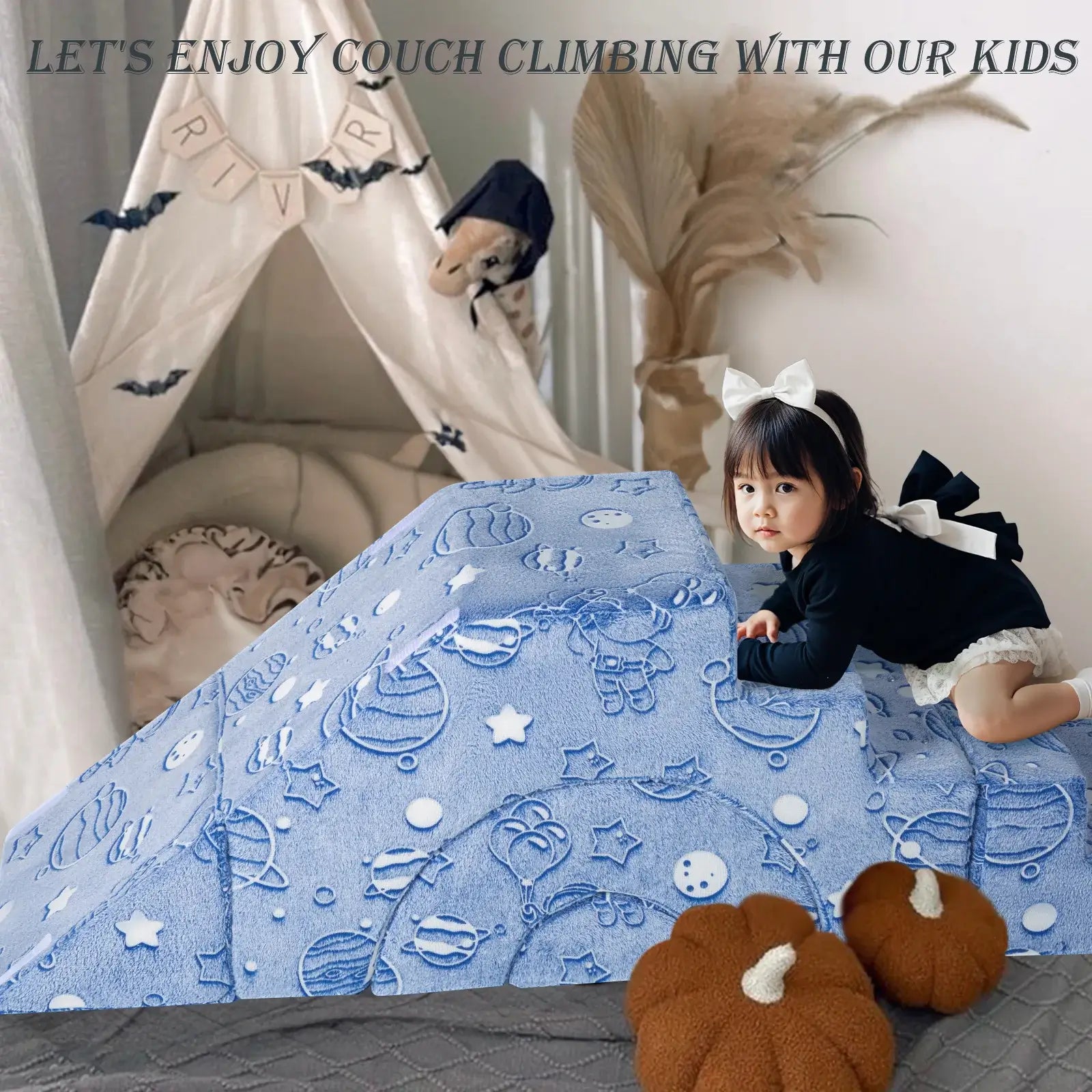 Girl playing on a slide built by Glowsofa's Space Astronaut Climbing Kids Play Couch