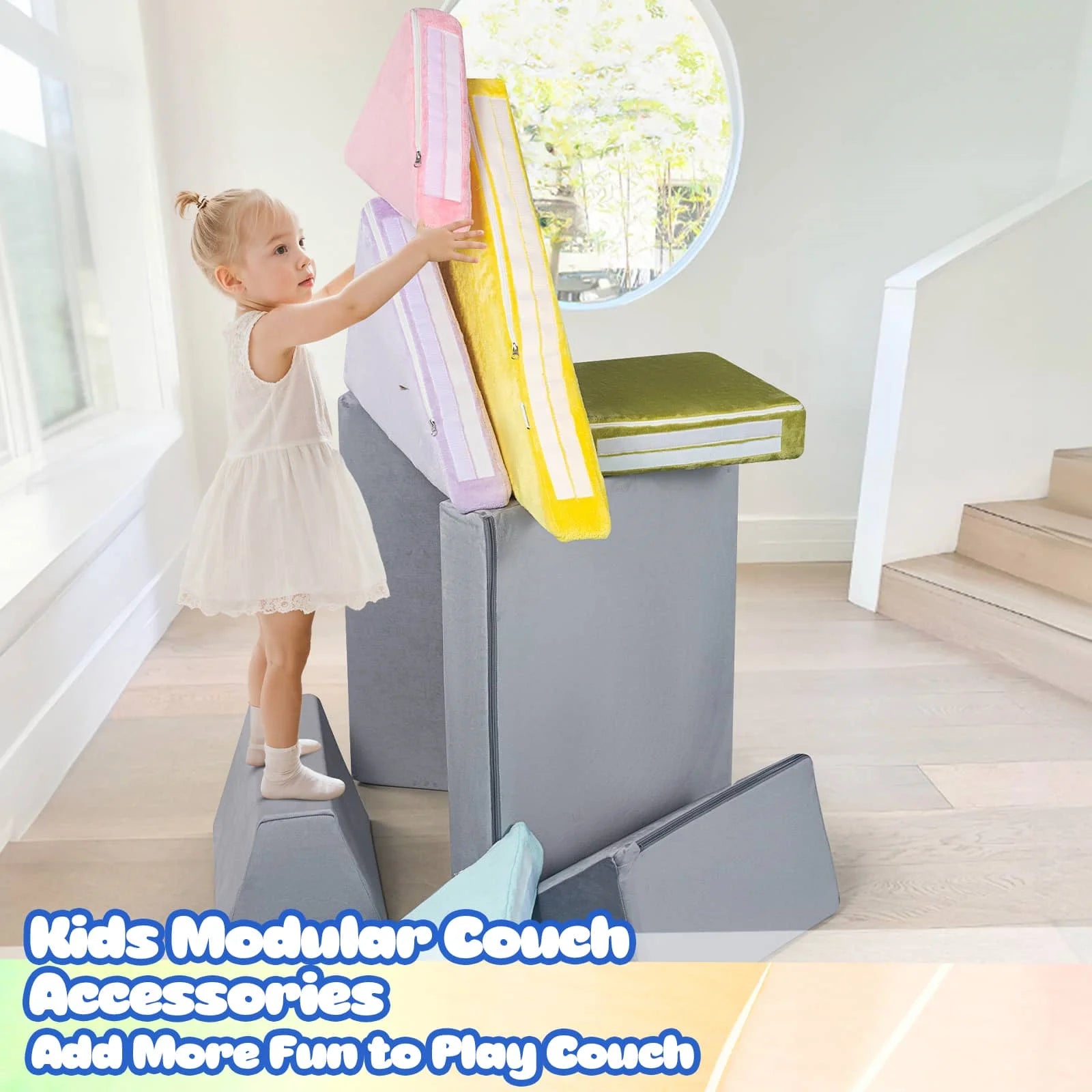 Colorful Tangram Puzzle Kids Play Couch can be built in three dimensions!