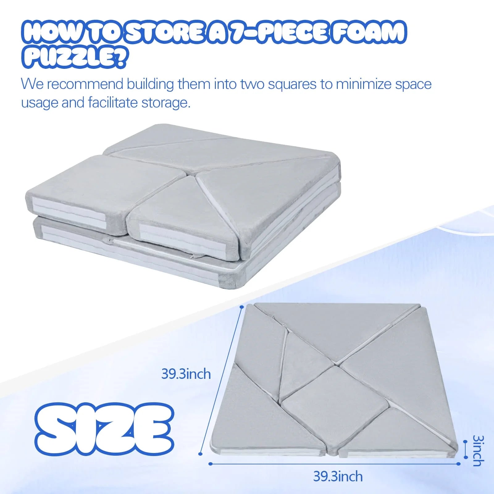 Grey Tangram Puzzle Kids Play Couch measures 39.3inx39.3inx3in