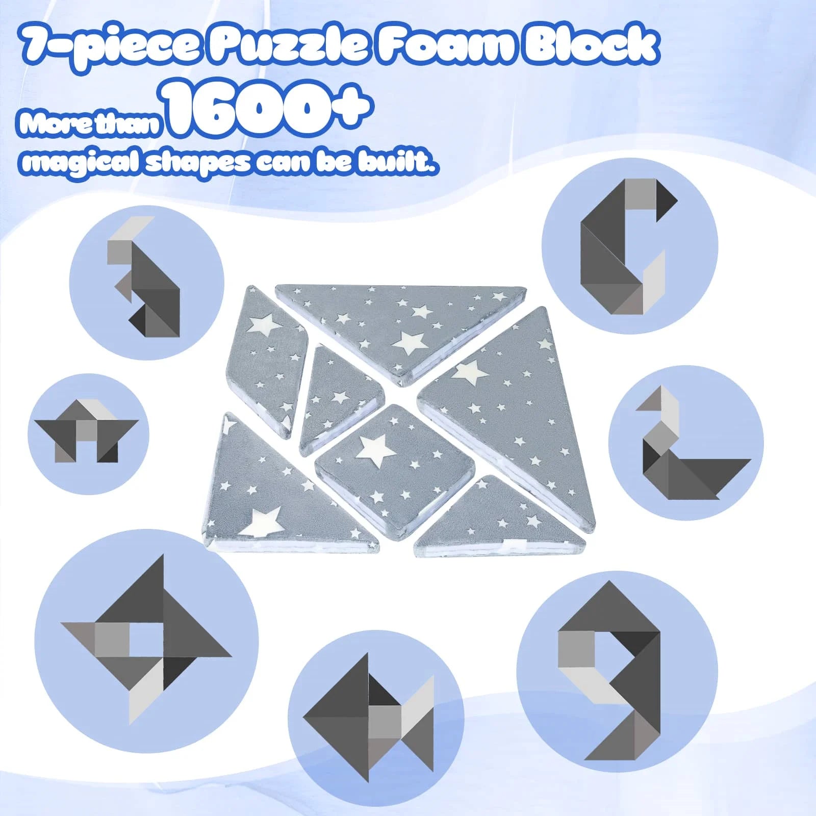 Tangram Puzzle Kids Play Couch consists of seven Grey Star foam cushions