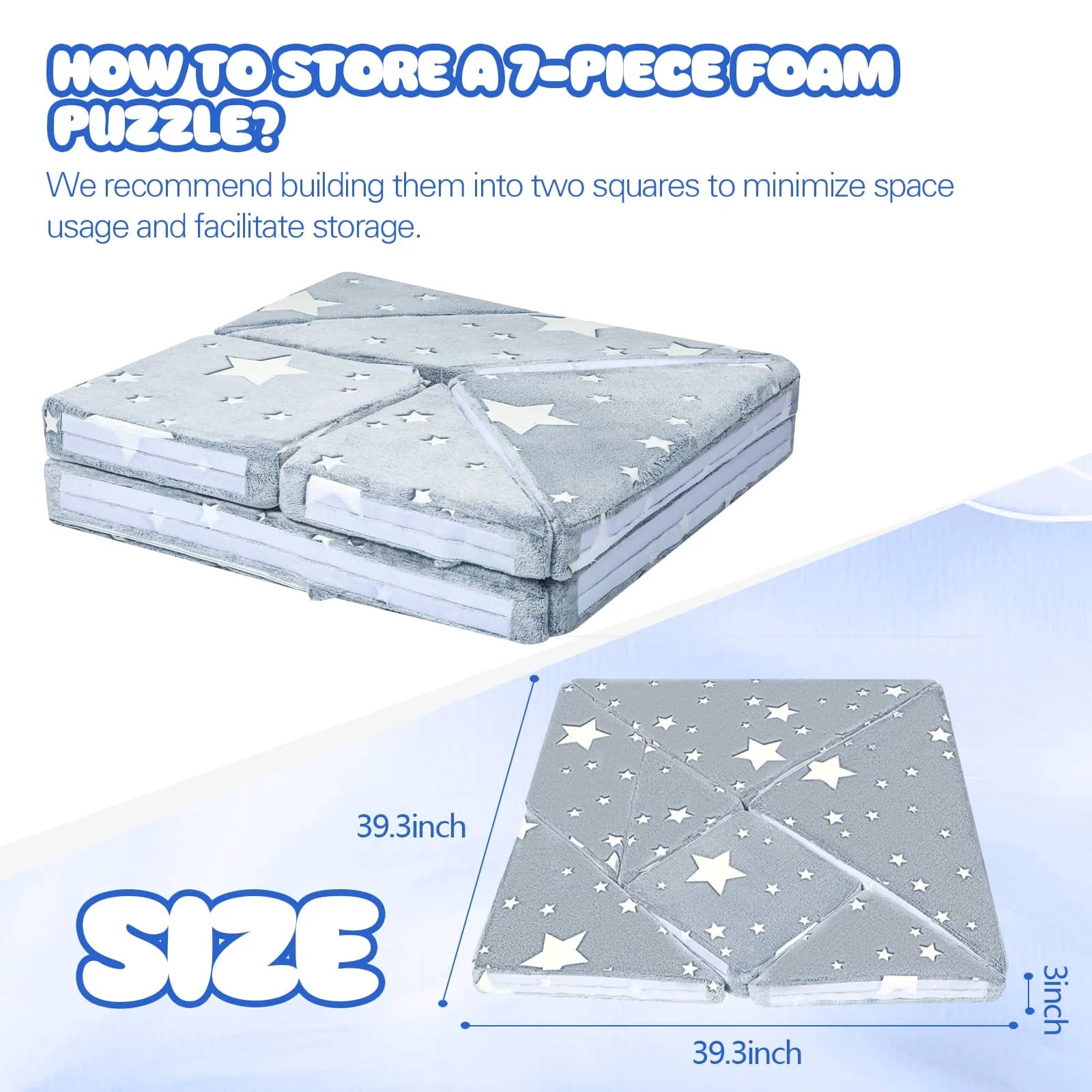 Grey Star Tangram Puzzle Kids Play Couch measures 39.3inx39.3inx3in