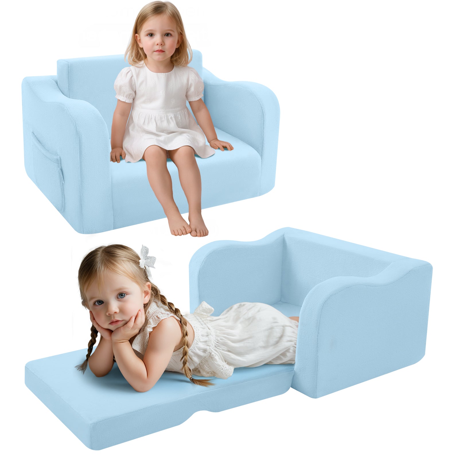 Two little girls, one sitting on Glowsofa's Blue children's fold out sofa and one lying on Glowsofa's Blue children's fold out sofa.