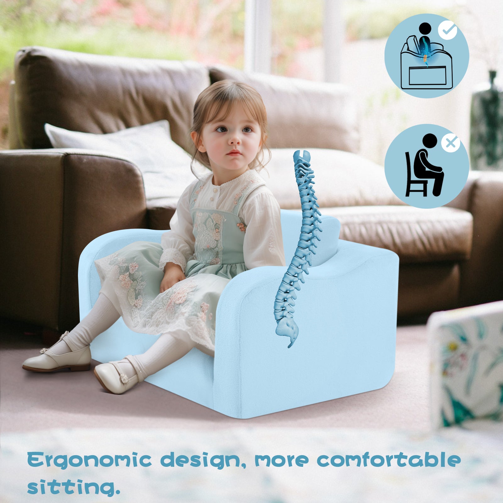 Little girl sitting on Glowsofa's Blue children's couch chair with ergonomic design, more comfortable sitting
