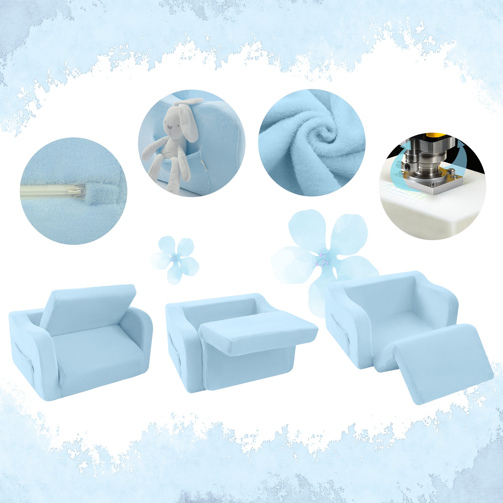 Glowsofa's Blue children's fold out sofa features a durable zipper, side pockets, soft fabric, and premium foam for support.