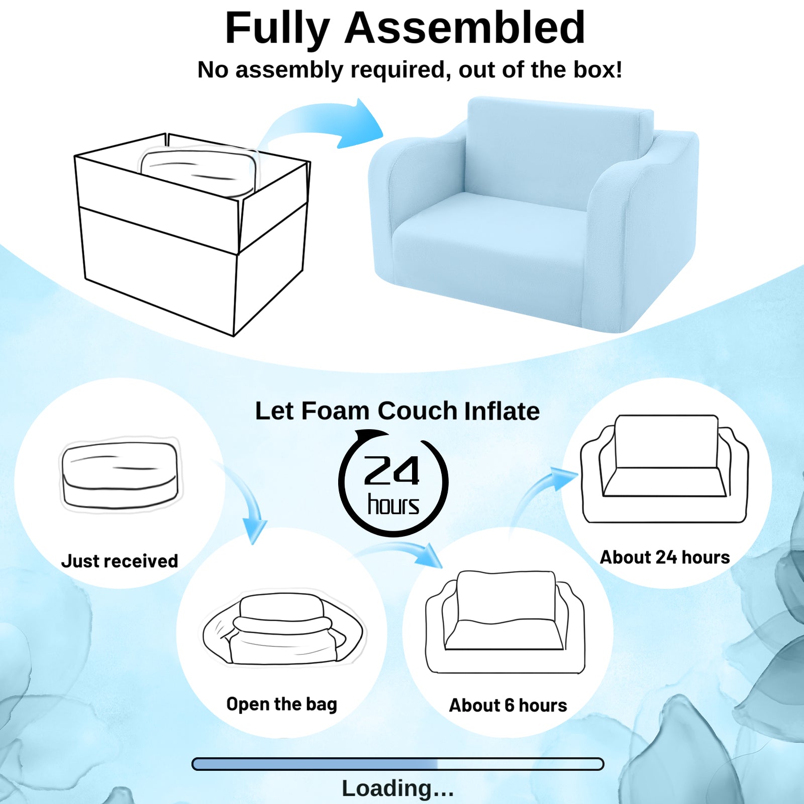 Glowsofa's Blue children's fold out sofa No need to install, just take it out of the box and wait 24 hours for it to return to its normal form and use it