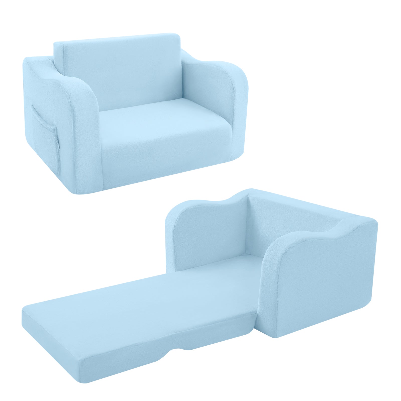 Glowsofa's Blue children's couch chair unfolded and folded condition