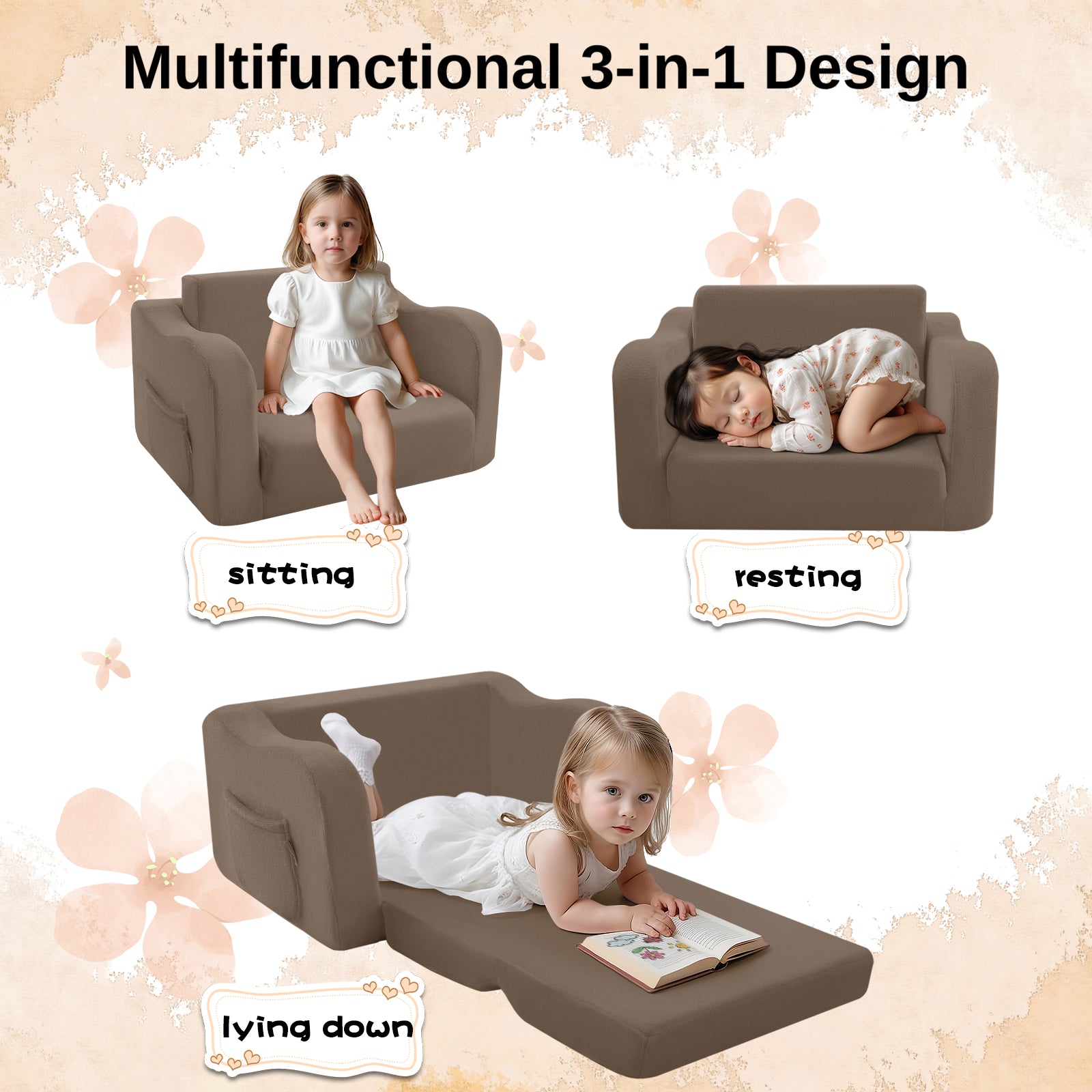 Glowsofa's Brown children's couch chair is used in three scenarios: sitting, resting, and lying down.