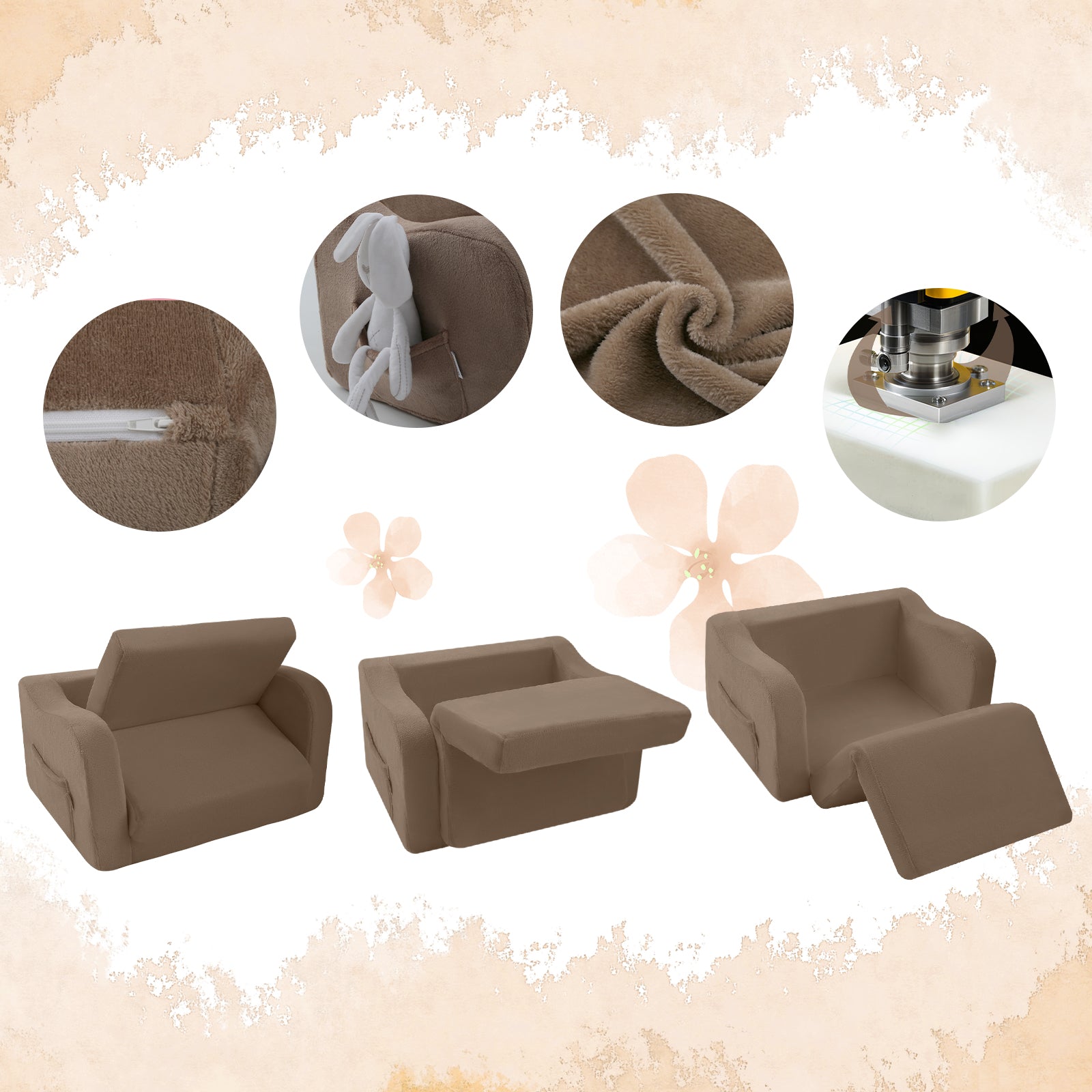 Glowsofa's Brown children's fold out sofa features a durable zipper, side pockets, soft fabric, and premium foam for support.