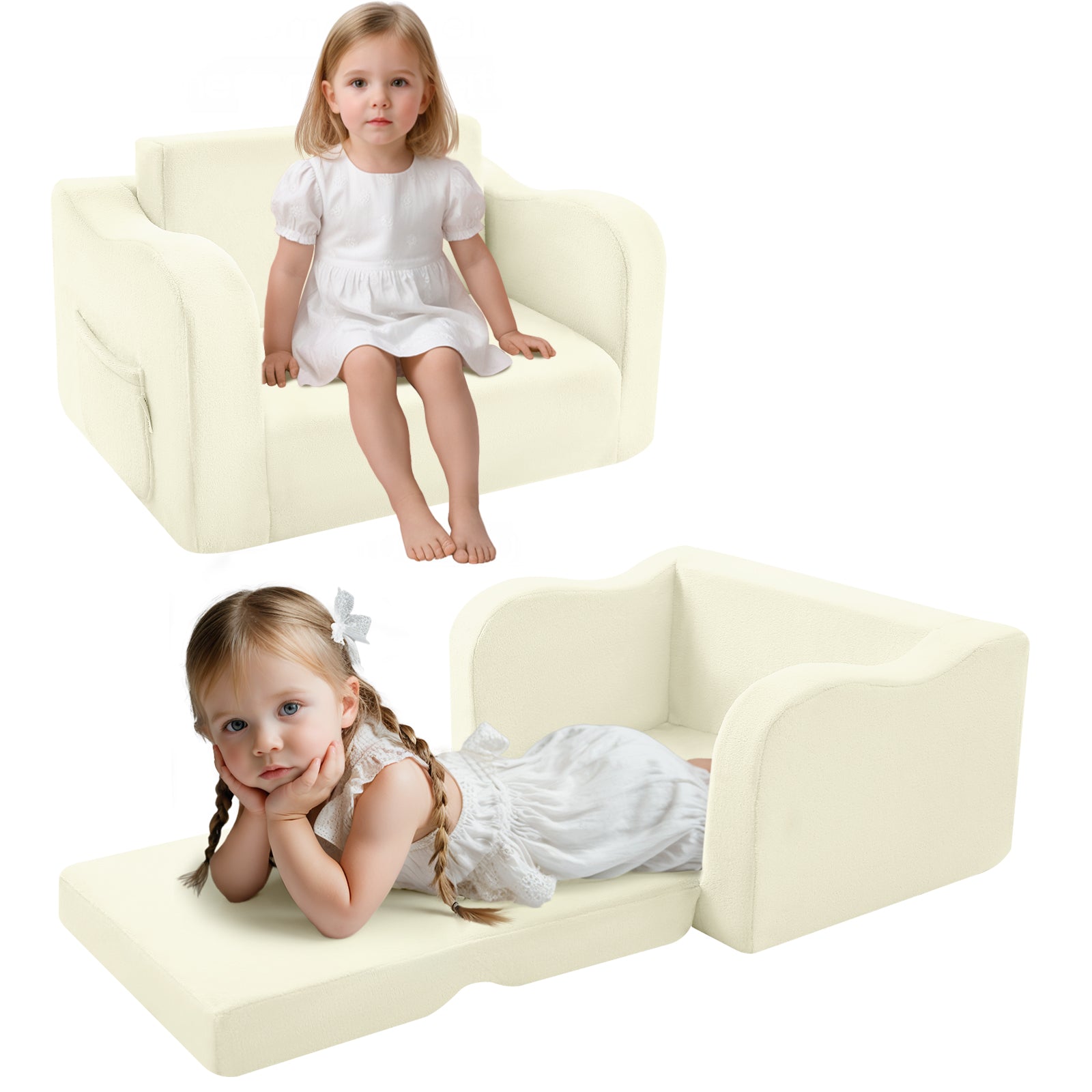 Two little girls, one sitting on Glowsofa's Cream children's fold out sofa and one lying on Glowsofa's Cream children's fold out sofa.