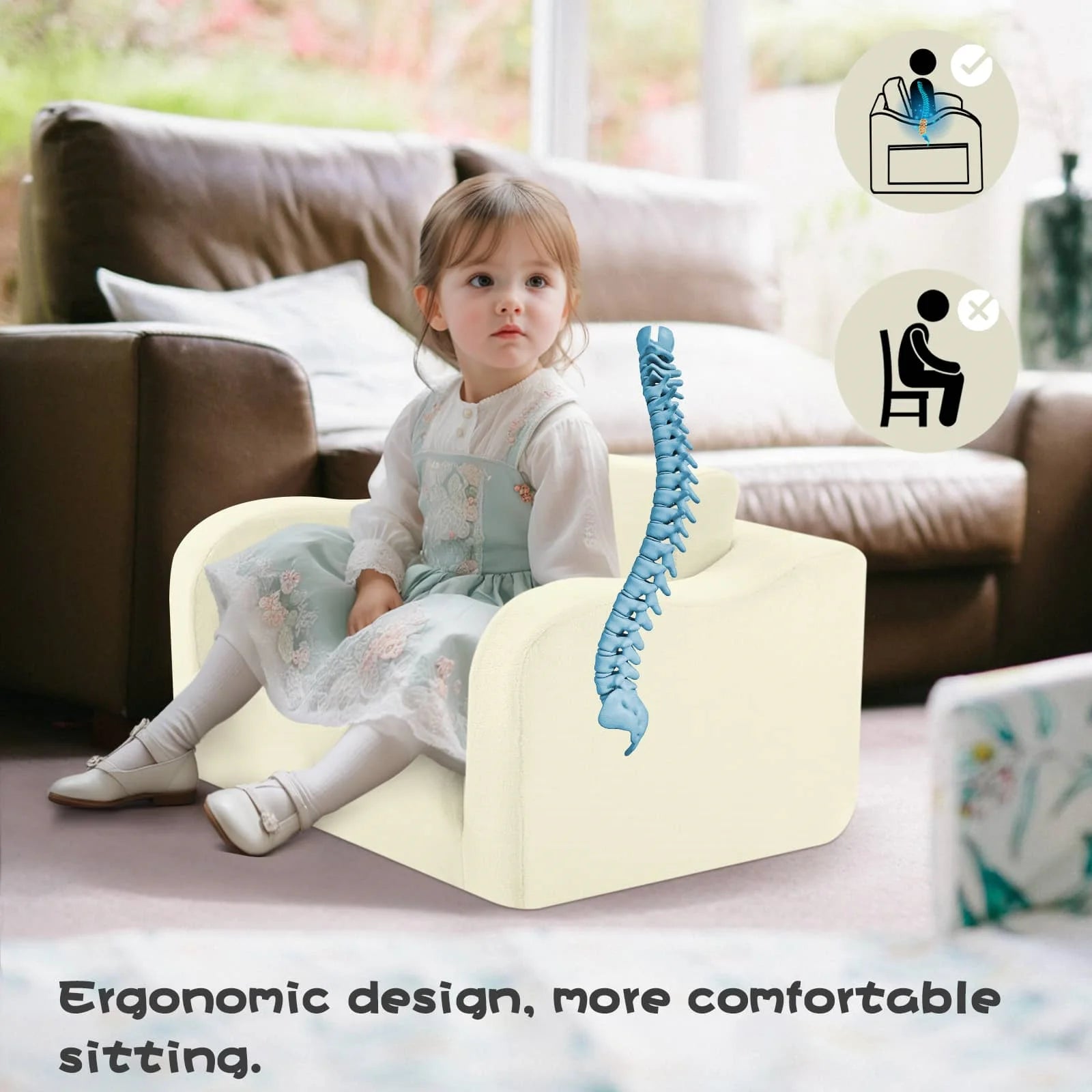 Little girl sitting on Glowsofa's Cream children's couch chair with ergonomic design, more comfortable sitting
