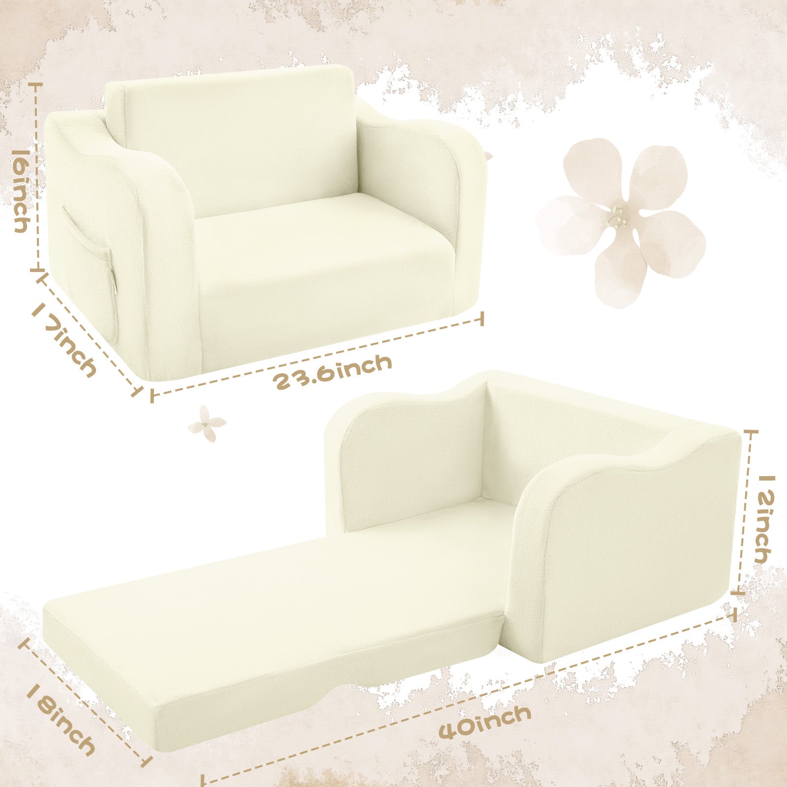 Glowsofa's Cream children's couch chair measures 23.6 “D x 18 ”W x 16 ”H folded and 40"D x 18"W x 12"H unfoldolded.