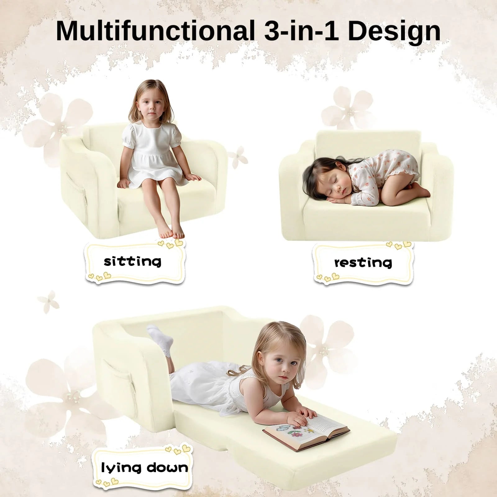 Glowsofa's Cream children's couch chair is used in three scenarios: sitting, resting, and lying down.