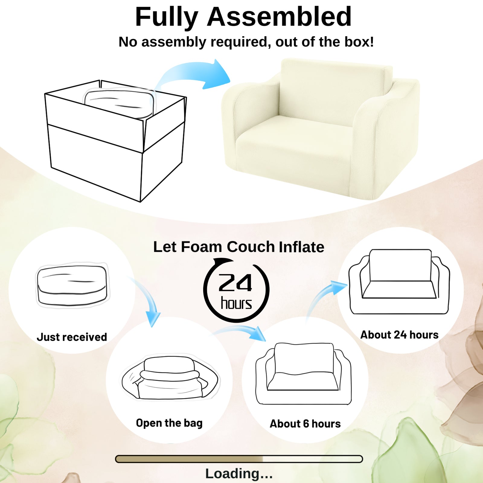 Glowsofa's Cream children's fold out sofa No need to install, just take it out of the box and wait 24 hours for it to return to its normal form and use it
