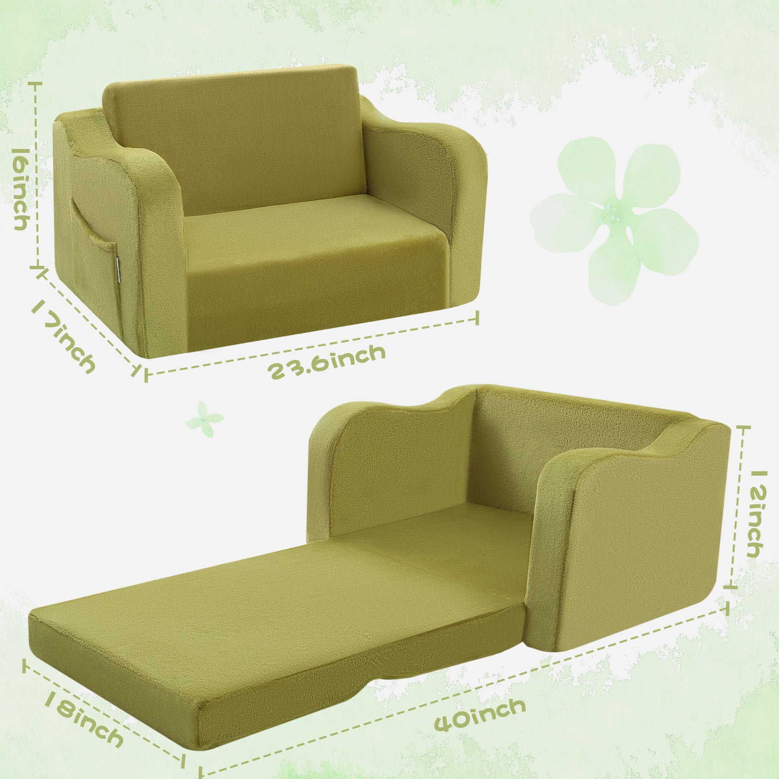 Glowsofa's Green children's couch chair measures 23.6 “D x 18 ”W x 16 ”H folded and 40"D x 18"W x 12"H unfoldolded.