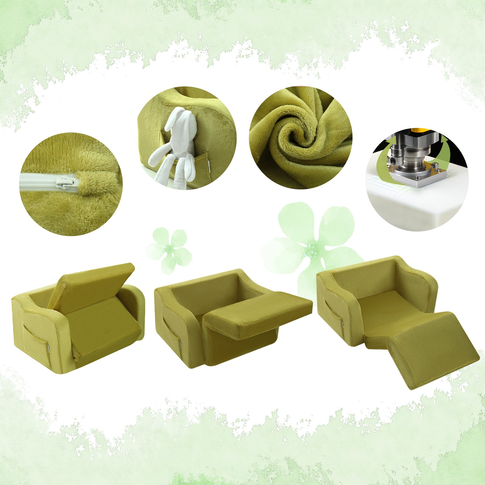 Glowsofa's Green children's fold out sofa features a durable zipper, side pockets, soft fabric, and premium foam for support.