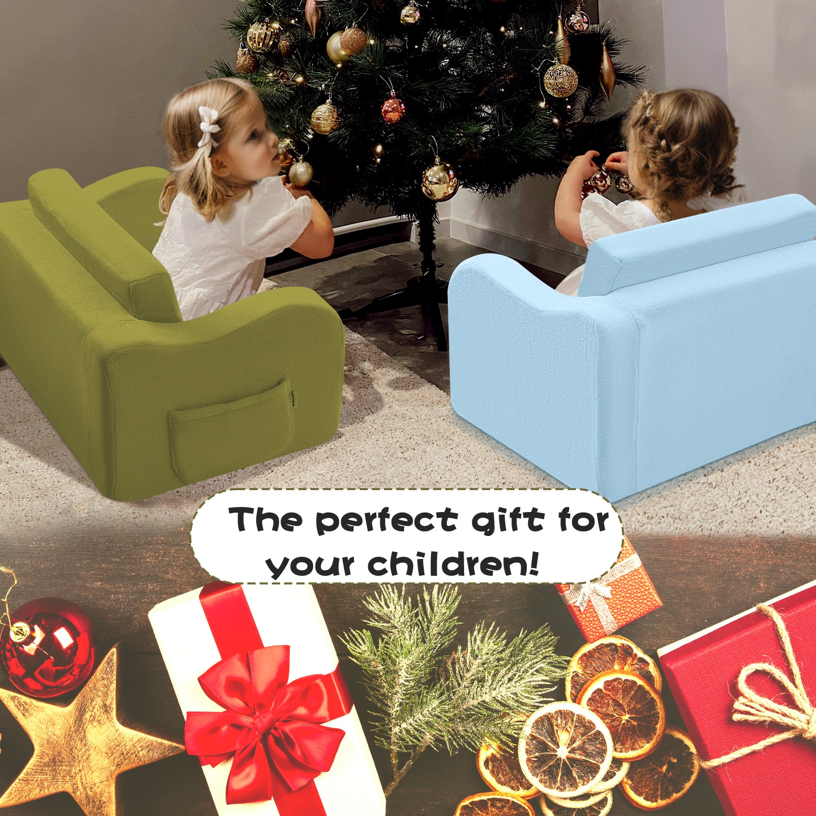 Two girls sitting on Green Glowsofa's children's couch chair and Blue Glowsofa's children's couch chair in front of the Christmas tree.