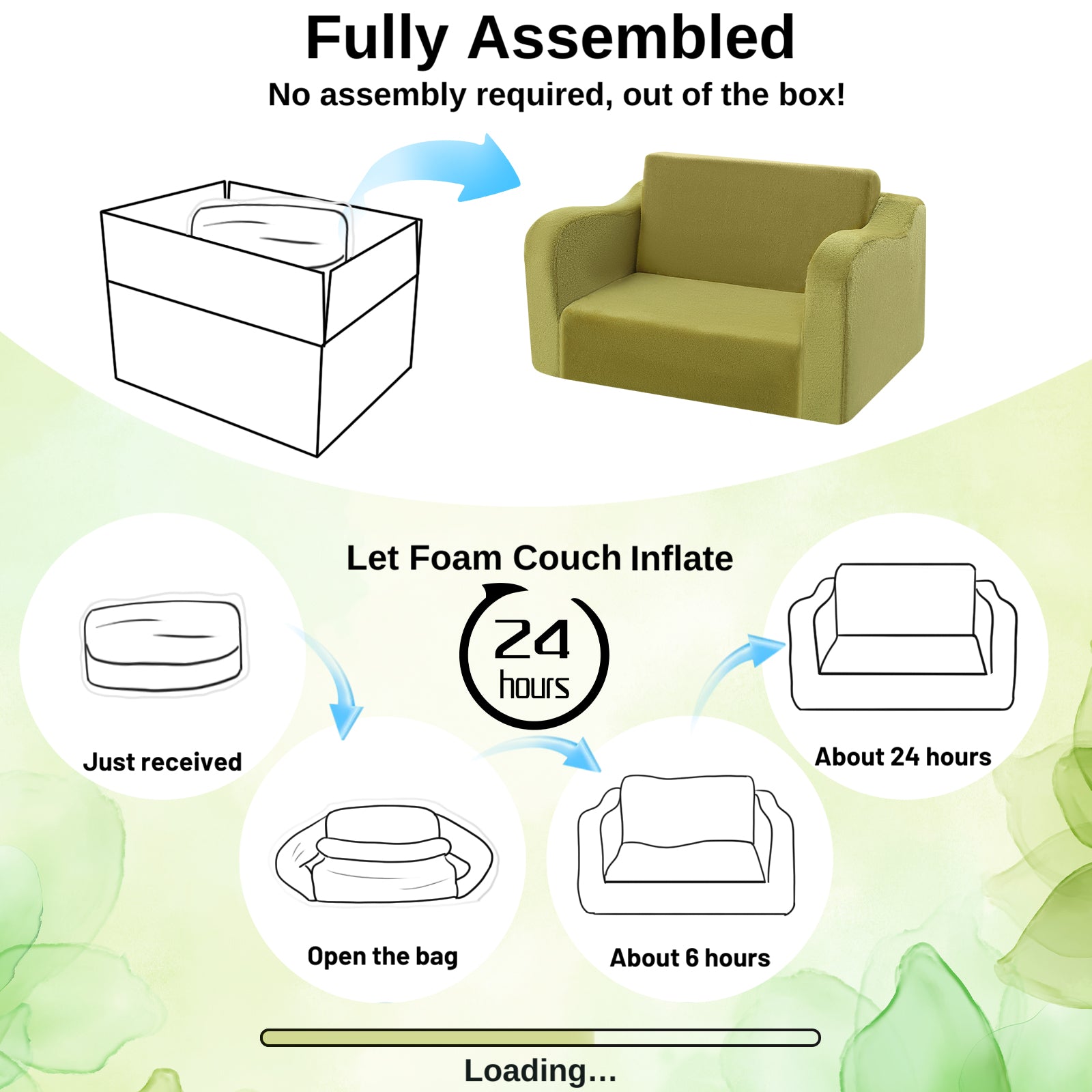 Glowsofa's Green children's fold out sofa No need to install, just take it out of the box and wait 24 hours for it to return to its normal form and use it