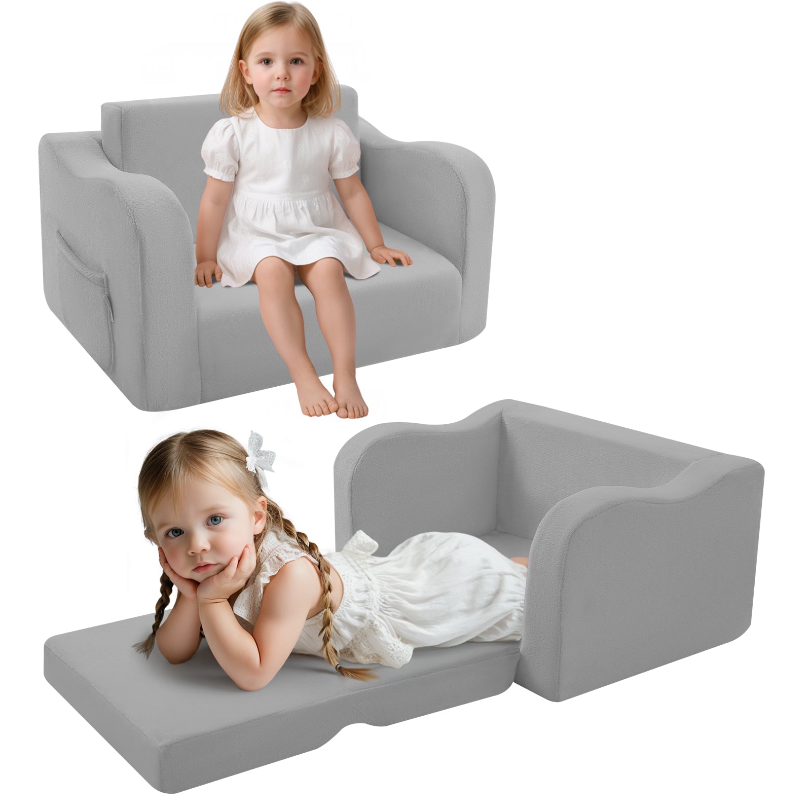 Two little girls, one sitting on Glowsofa's Grey children's fold out sofa and one lying on Glowsofa's Grey children's fold out sofa.