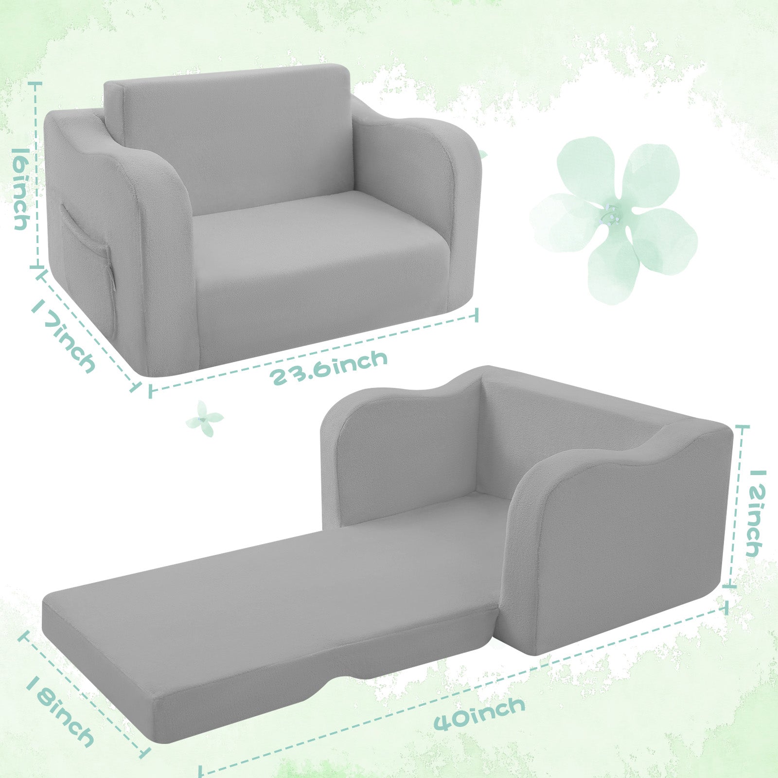 Glowsofa's Grey children's couch chair measures 23.6 “D x 18 ”W x 16 ”H folded and 40"D x 18"W x 12"H unfoldolded.