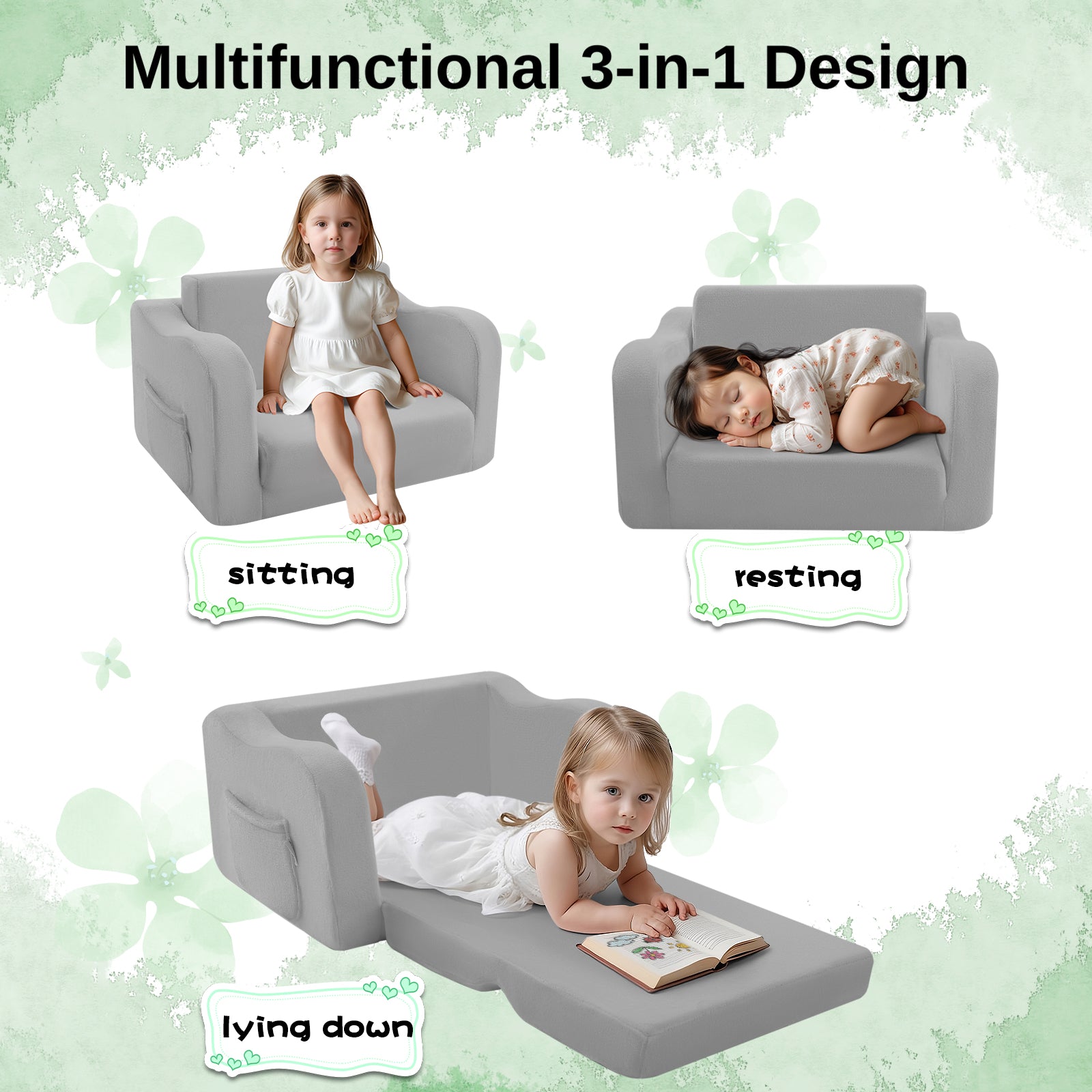 Glowsofa's Grey children's couch chair is used in three scenarios: sitting, resting, and lying down.