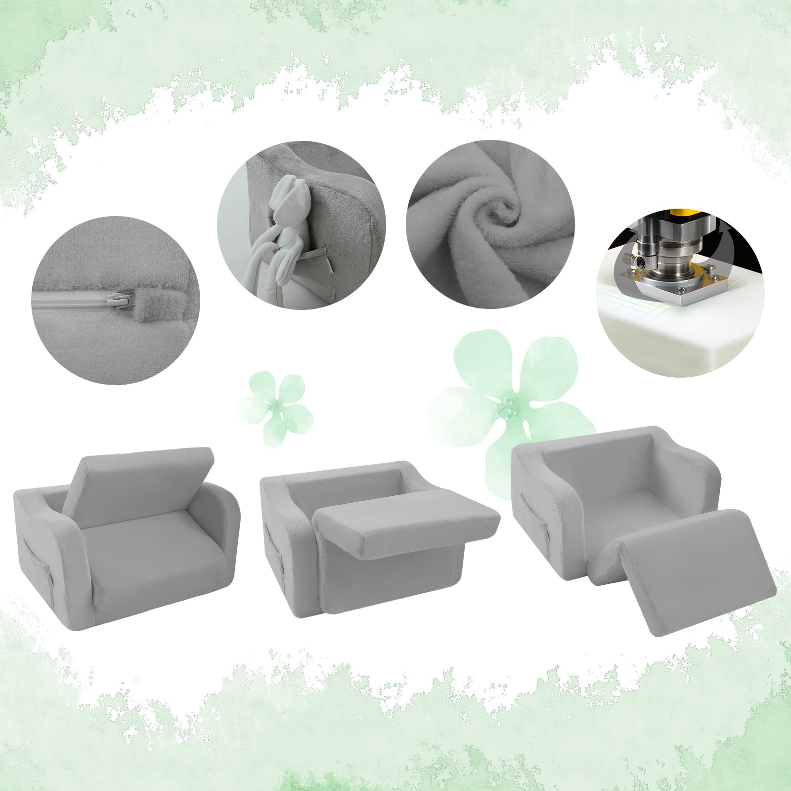 Glowsofa's Grey children's fold out sofa features a durable zipper, side pockets, soft fabric, and premium foam for support.