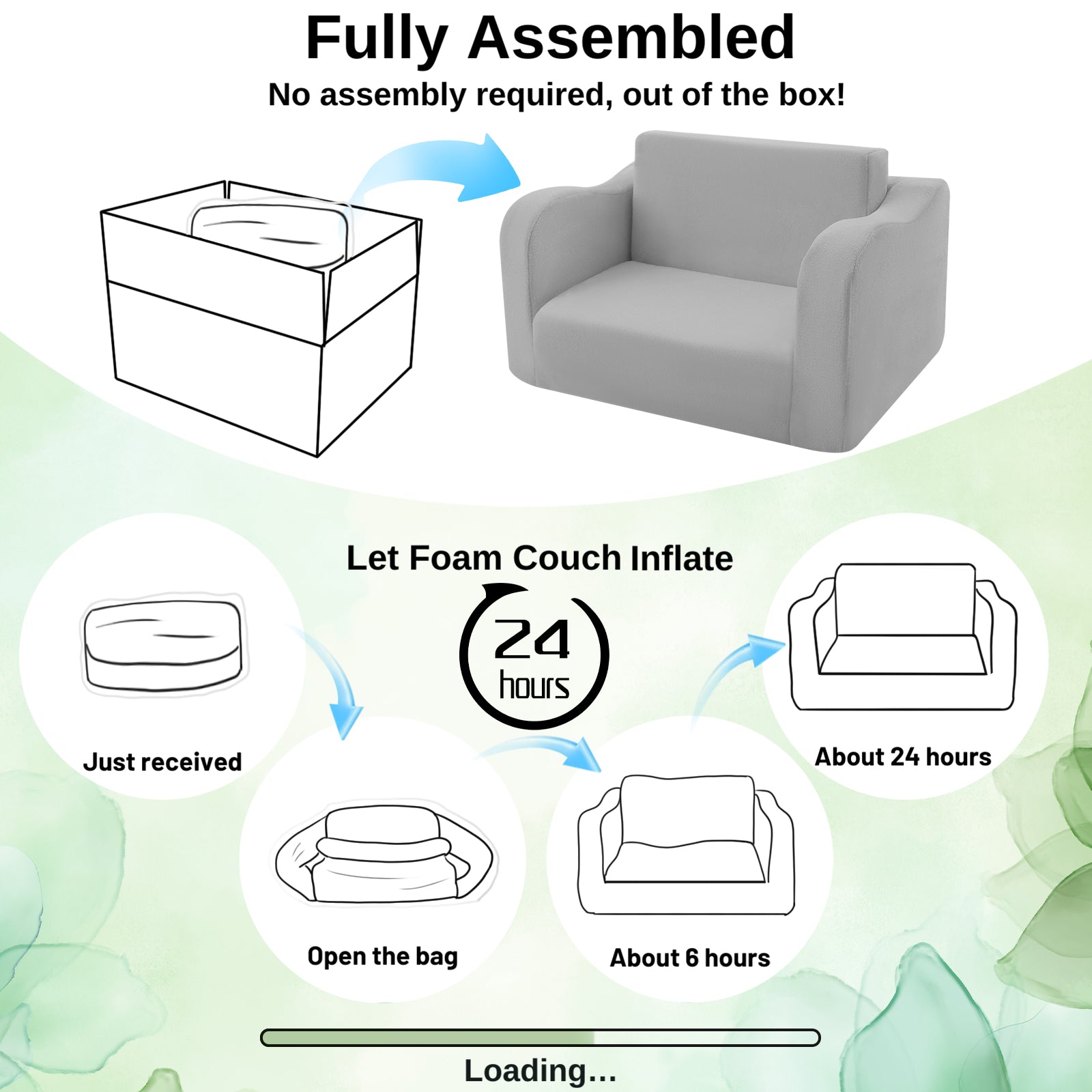Glowsofa's Grey children's fold out sofa No need to install, just take it out of the box and wait 24 hours for it to return to its normal form and use it