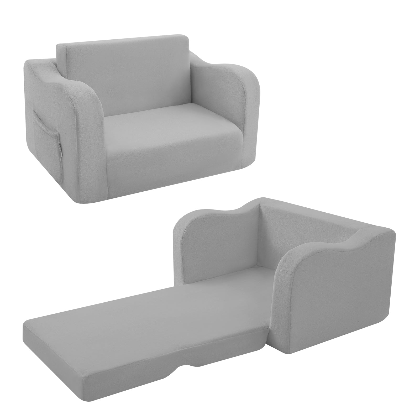 Glowsofa's Grey children's couch chair unfolded and folded condition