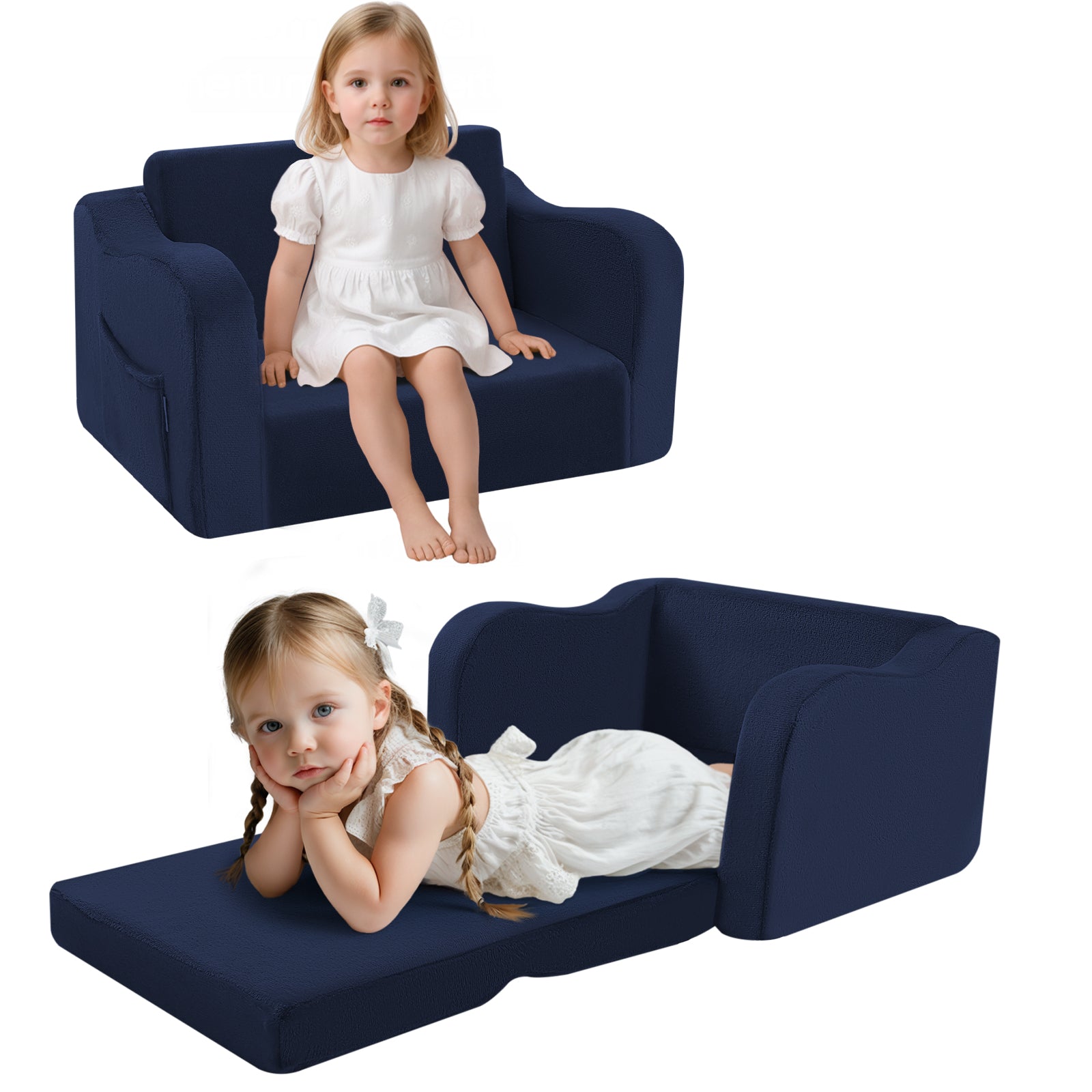 Two little girls, one sitting on Glowsofa's Navy children's fold out sofa and one lying on Glowsofa's Navy children's fold out sofa.