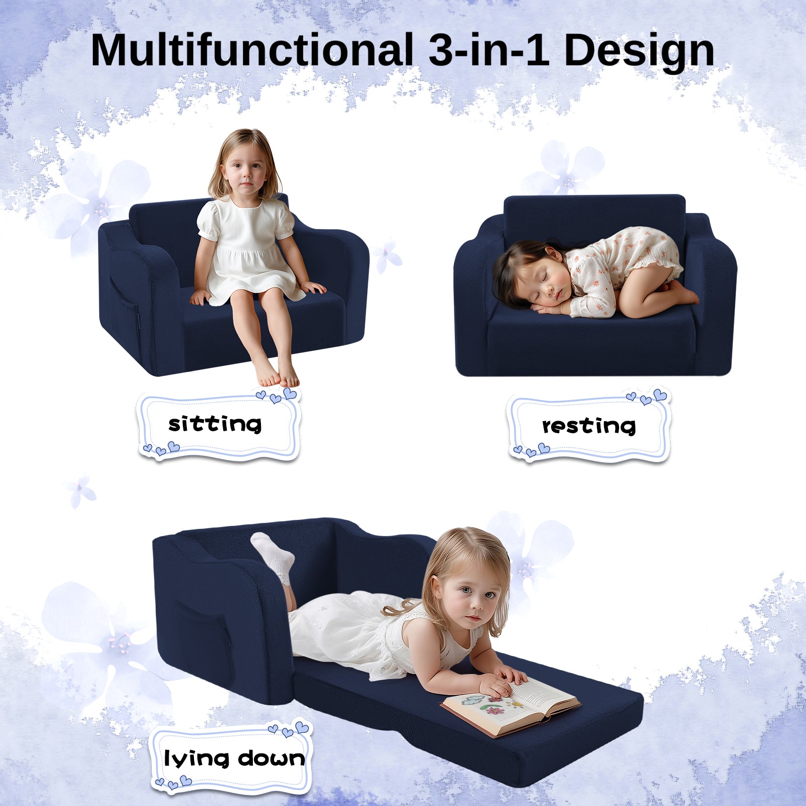 Glowsofa's Navy children's couch chair is used in three scenarios: sitting, resting, and lying down.