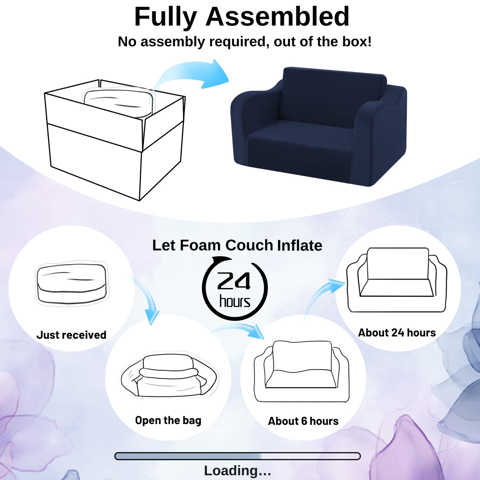 Glowsofa's Navy children's fold out sofa No need to install, just take it out of the box and wait 24 hours for it to return to its normal form and use it