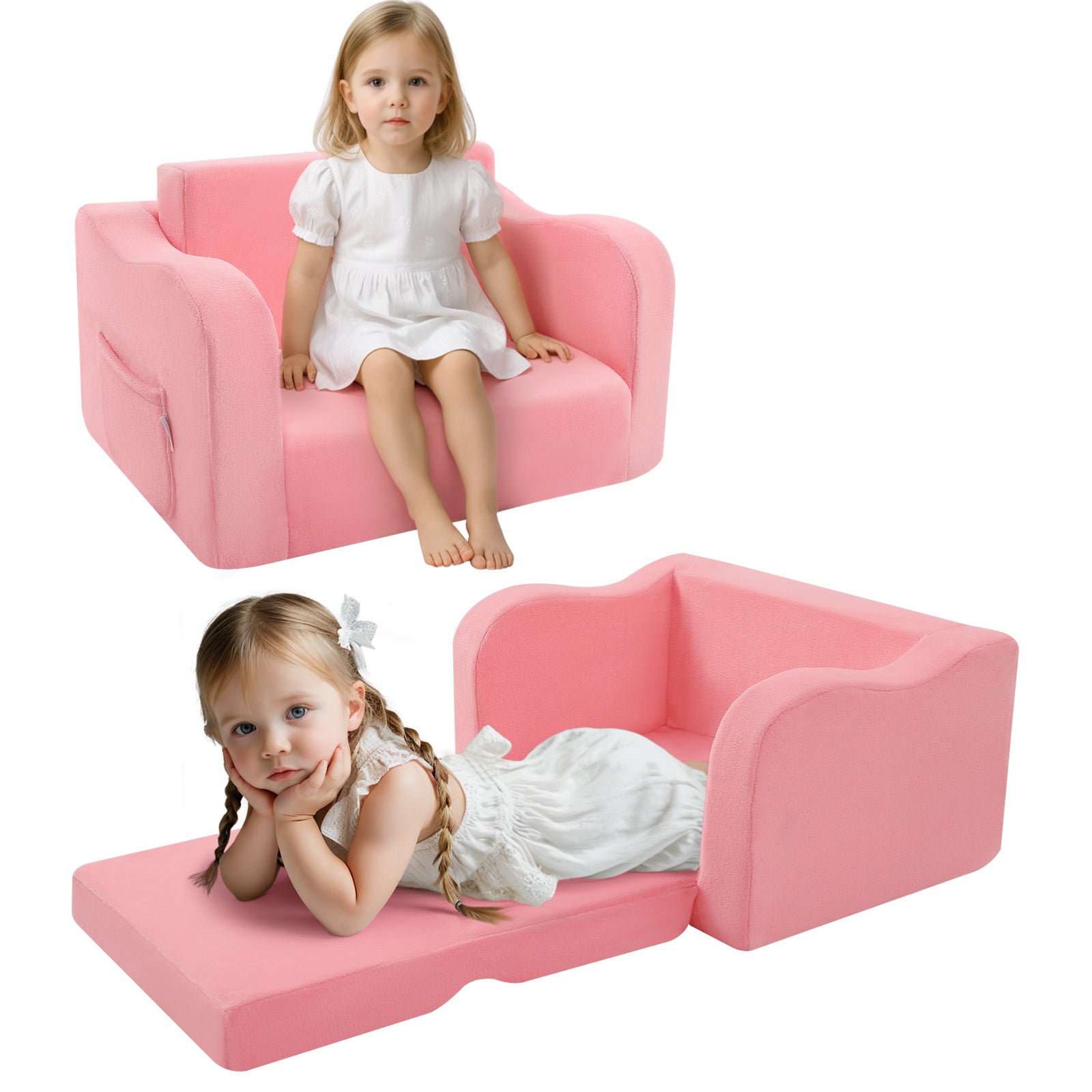 Two little girls, one sitting on Glowsofa's Pink children's fold out sofa and one lying on Glowsofa's Pink children's fold out sofa.
