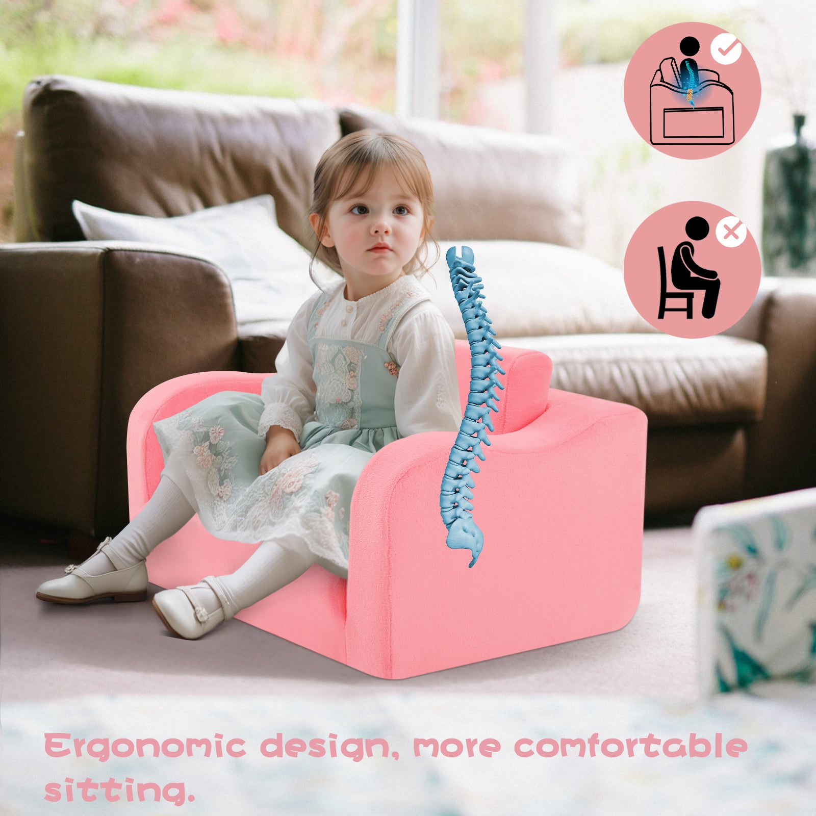 Little girl sitting on Glowsofa's Pink children's couch chair with ergonomic design, more comfortable sitting