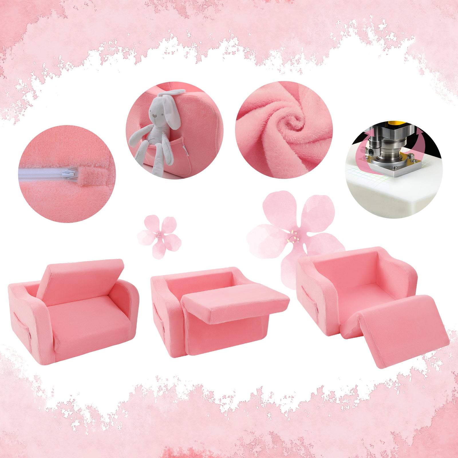 Glowsofa's Pink children's fold out sofa features a durable zipper, side pockets, soft fabric, and premium foam for support.