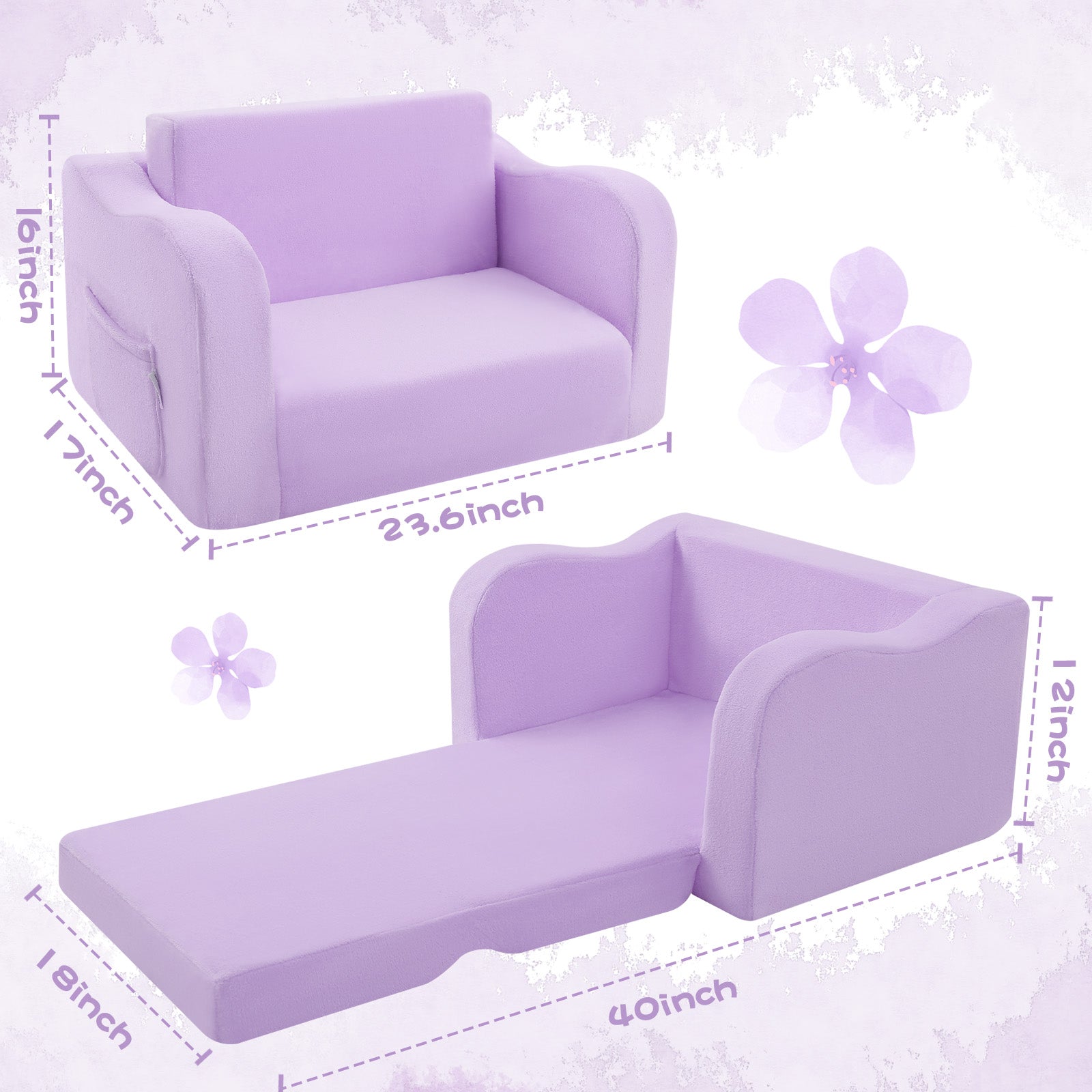 Glowsofa's Purple children's couch chair measures 23.6 “D x 18 ”W x 16 ”H folded and 40"D x 18"W x 12"H unfoldolded.