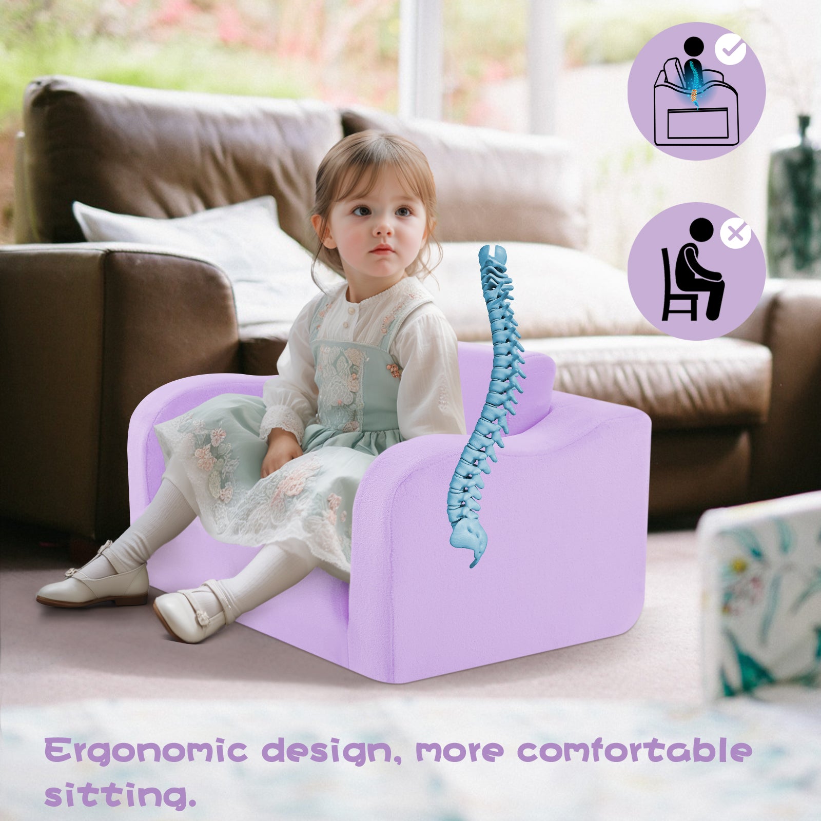 Little girl sitting on Glowsofa's Purple children's couch chair with ergonomic design, more comfortable sitting