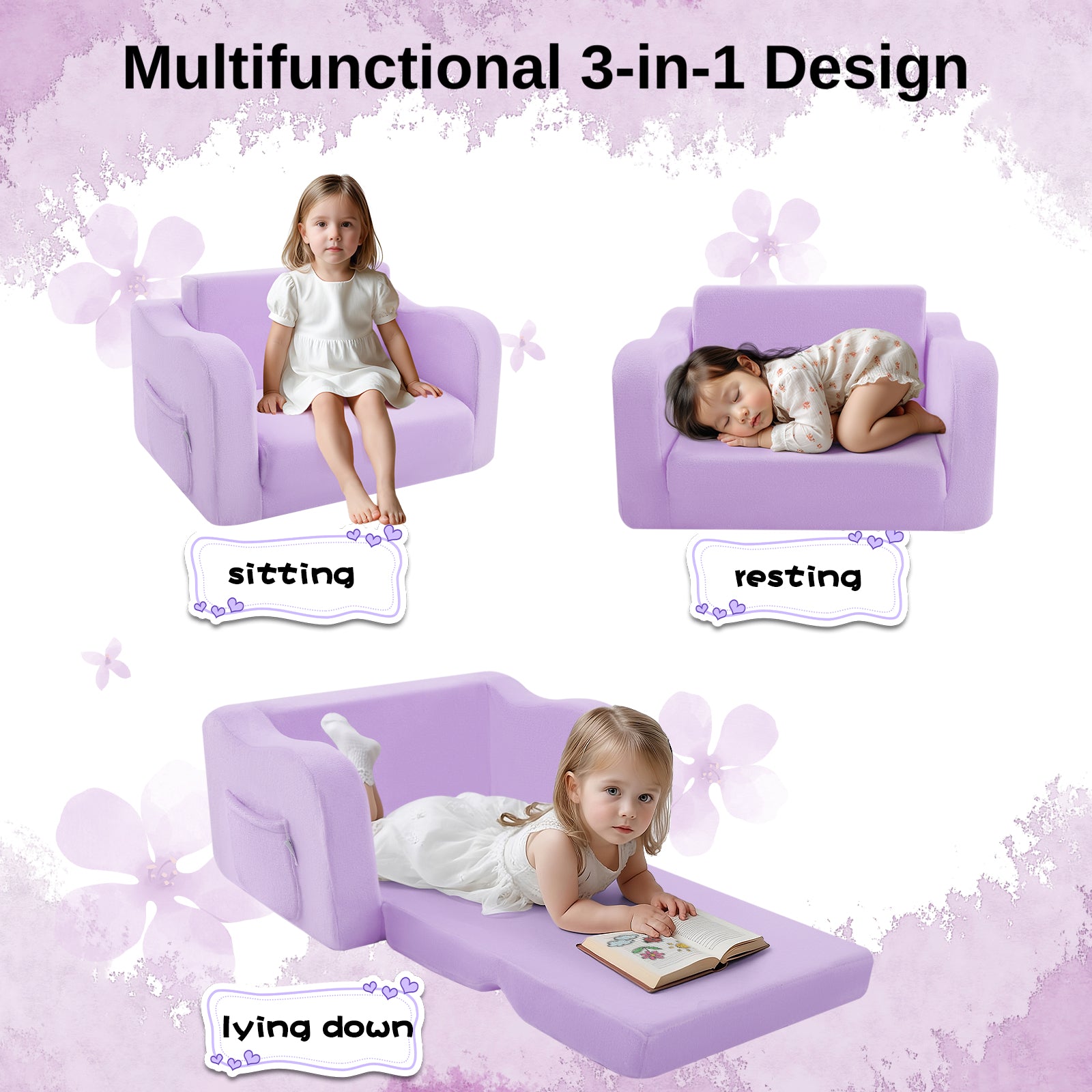 Glowsofa's Purple children's couch chair is used in three scenarios: sitting, resting, and lying down.