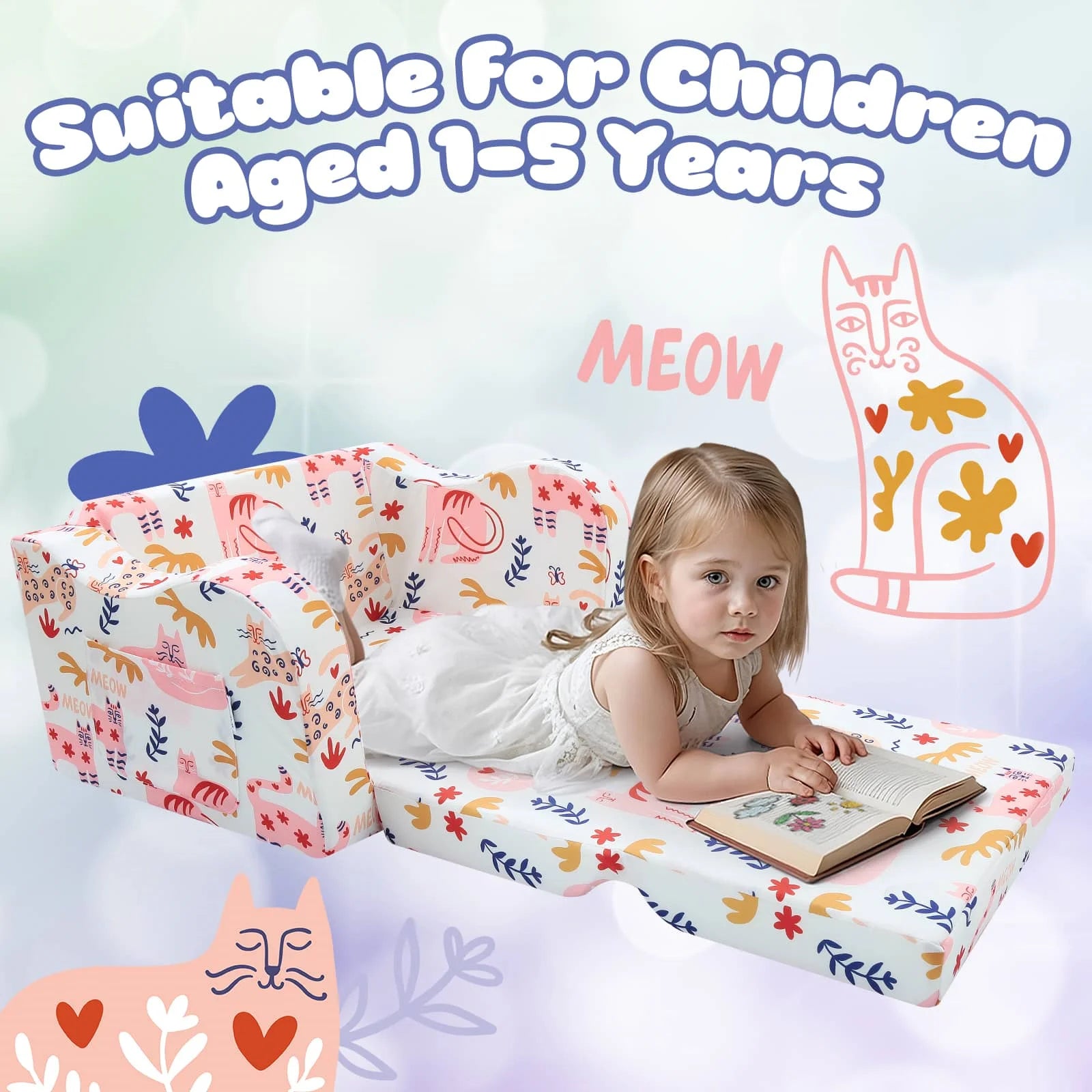 The Glowsofa's fold out chair bed with Cat patterns Suitable for 1 to 5 year olds