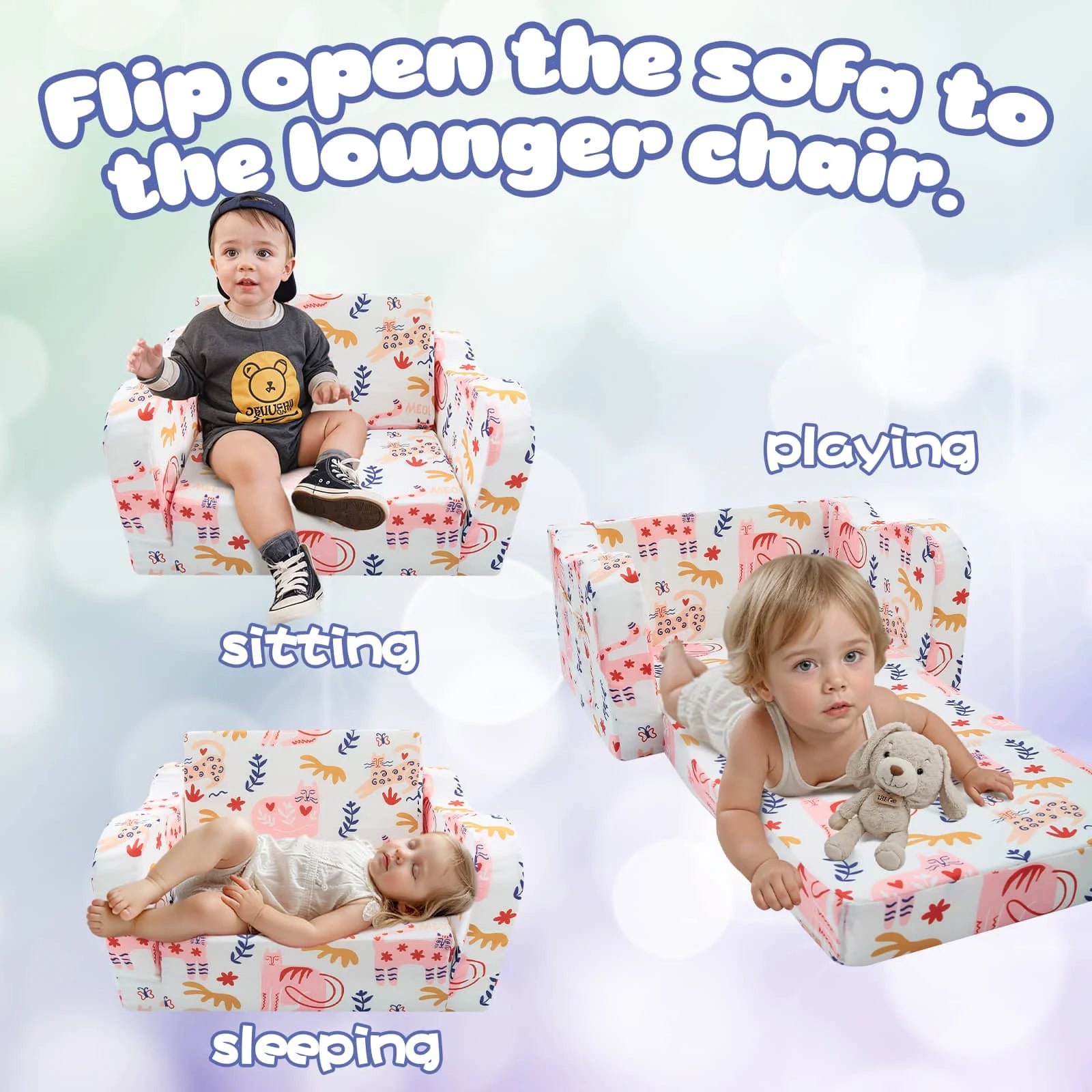 Glowsofa's children's couch chair with Cat patterns unfolds to become a lounger chair.